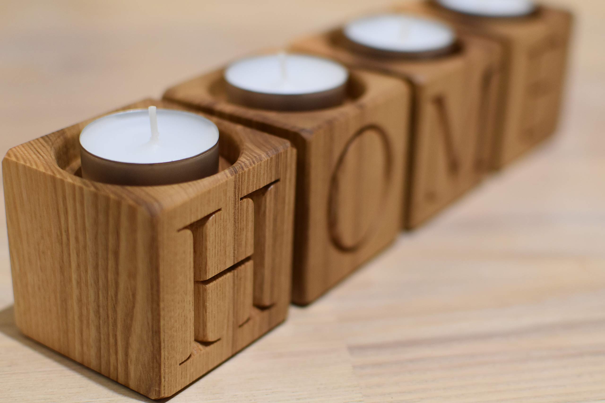 4 Wooden Candle Holders - Rustic Engraved Tealight Holders with Letters for Home Decor | Perfect for Christmas, Advent, Wedding Centerpieces and Farmhouse Style Decor
