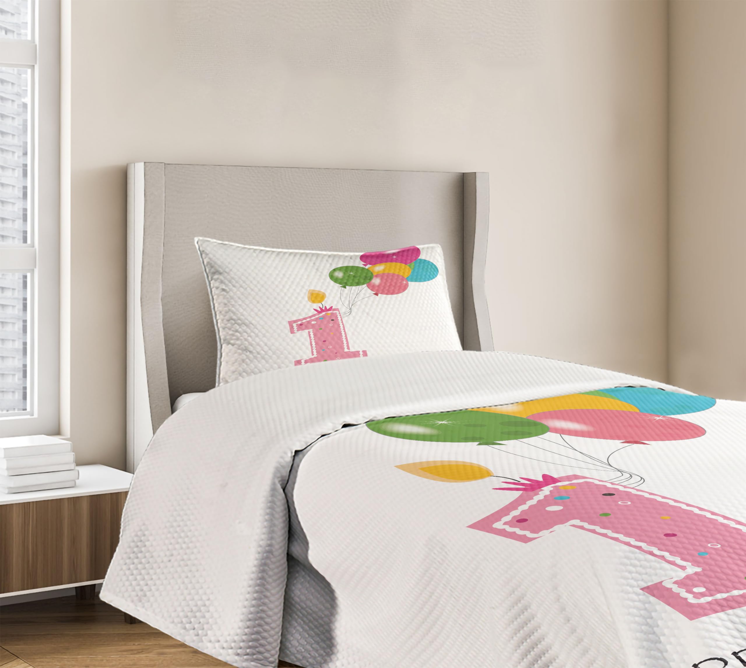 Ambesonne 1st Birthday Bedding Set - Twin Size Pink Balloon Print Bedspread with 2 Pillow Shams | 3-Piece Girl's Party Decor | Perfect for First Birthday Celebrations, Nursery Decor & Photo Backdrops