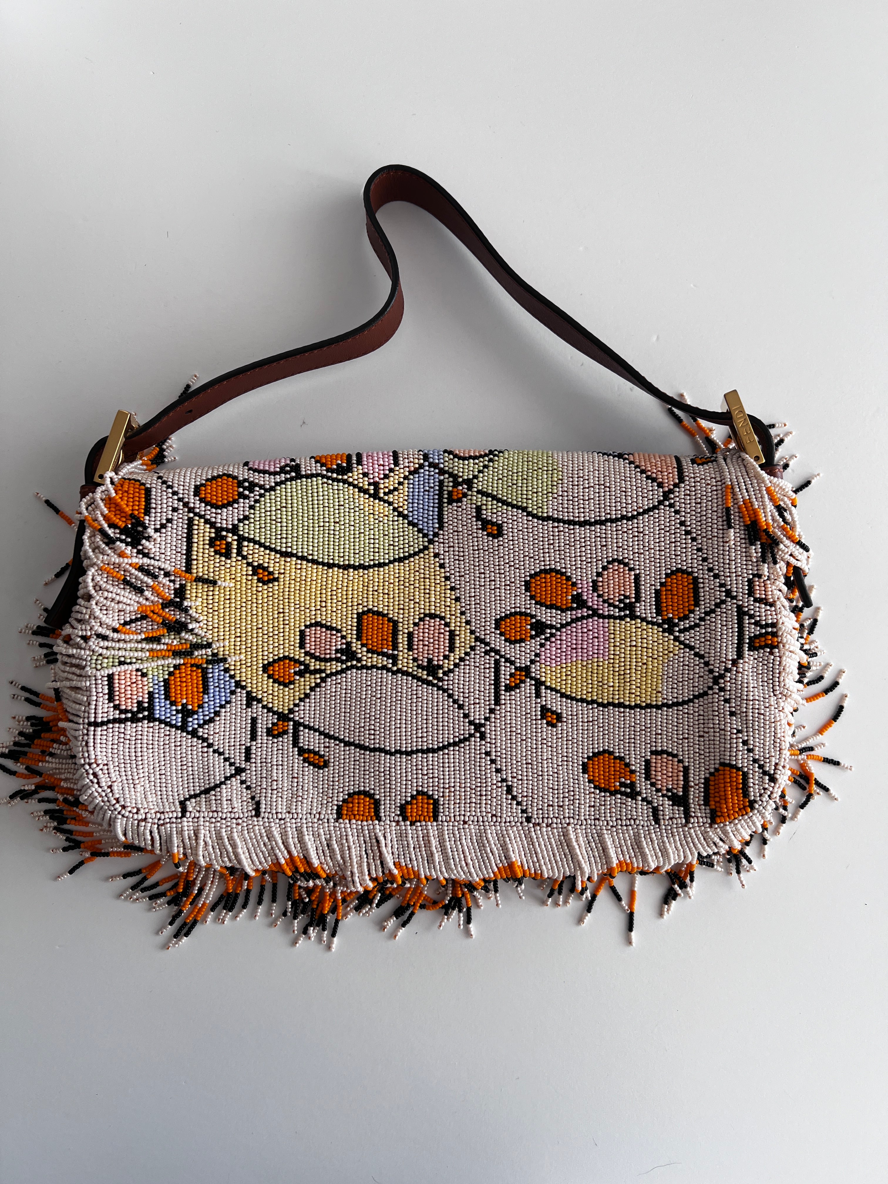 Fendi Beaded Baguette Bag with Fringe Detail - Elegant Crossbody Purse for Women, Perfect for Parties, Weddings & Evening Events