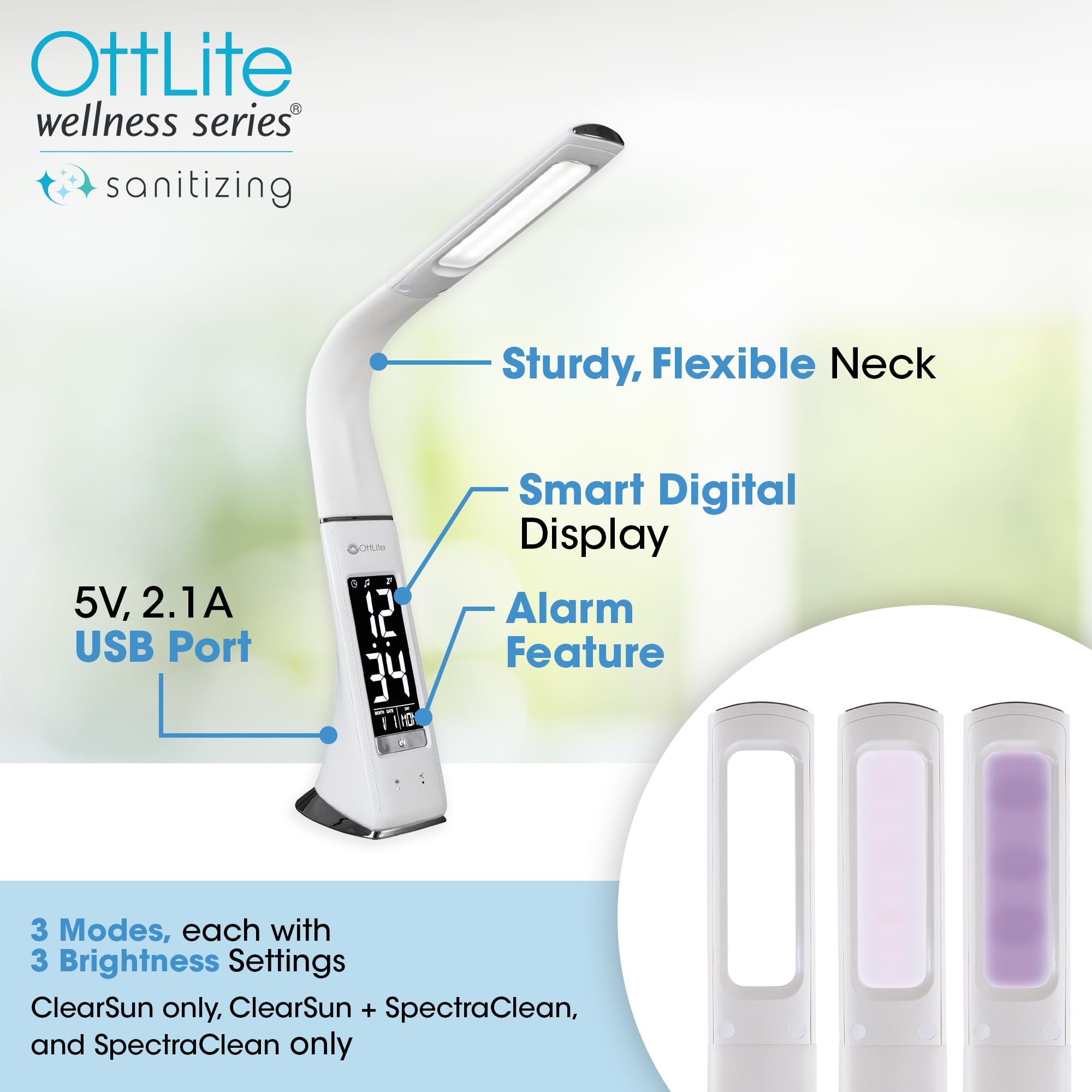OttLite Thrive LED Sanitizing Desk Lamp with Digital Clock & USB Charger - 99.9% Bacteria Elimination, Touch Control, Adjustable Gooseneck for Home Office, Reading, Crafting | Perfect for Nightstands, Dorm Rooms & Workspaces