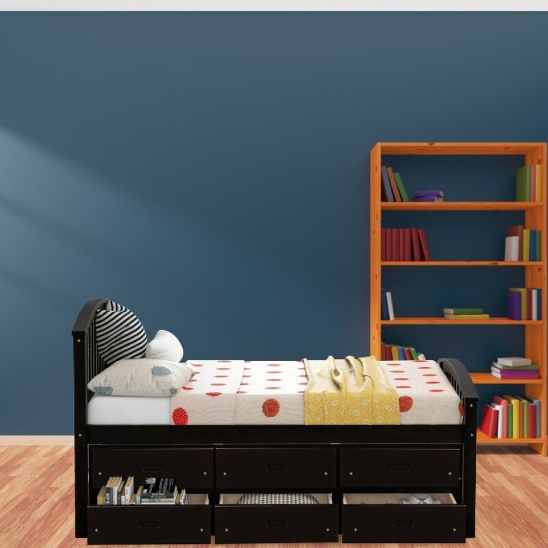 6-Drawer Twin Frame Espresso Shelf Bed with Solid Wood Drawers - Space-Saving Storage Solution for Small Bedrooms & Kids' Rooms