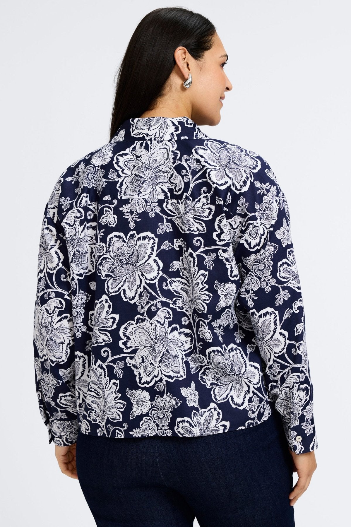 Marina Plus Women's Floral Print Long Sleeve Blouse - Stylish Woodblock Design for Casual Wear & Office Outfits