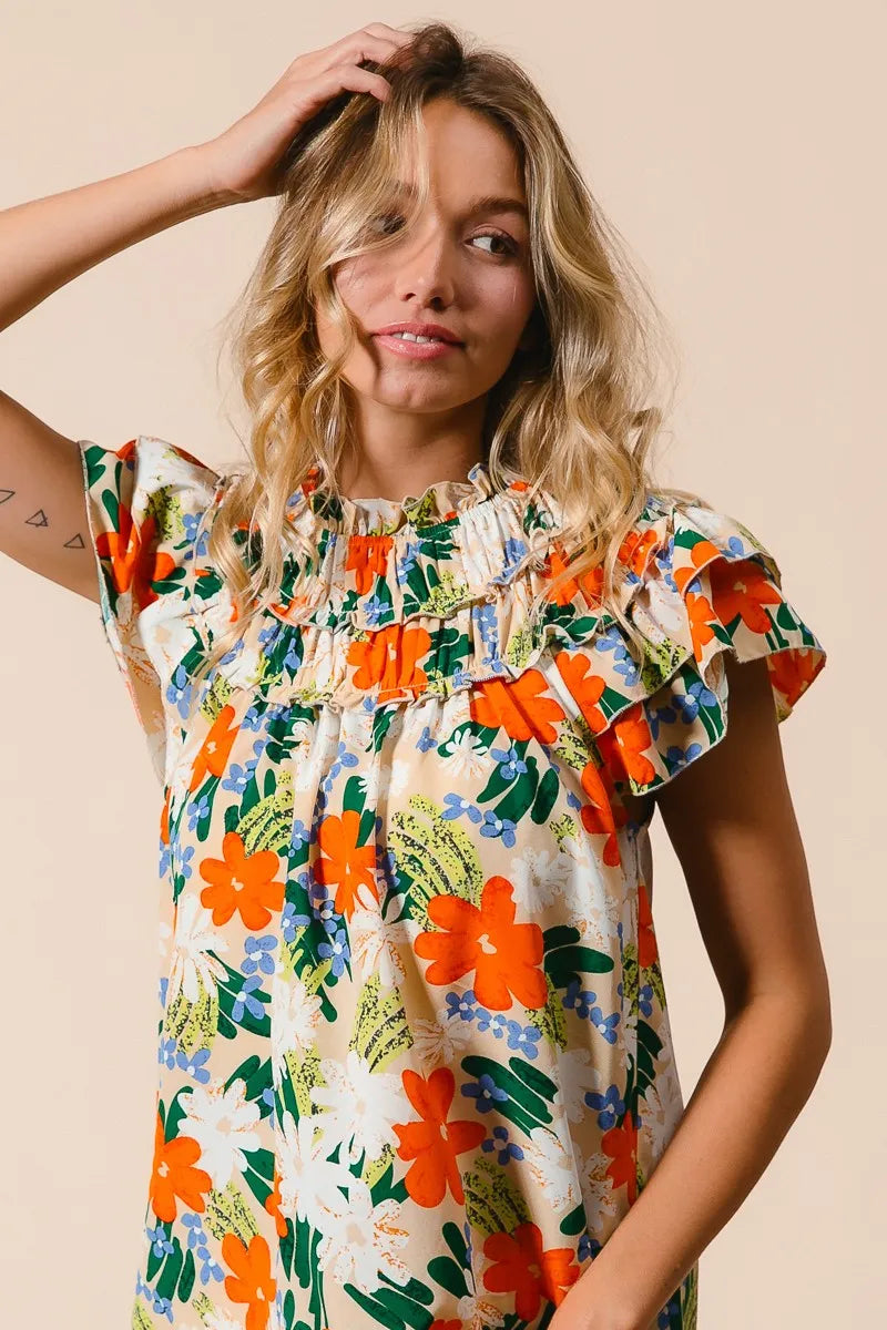 BiBi Women's Floral Print Woven Blouse - Colorful Short Sleeve Tops for Casual Wear, Summer Outfits & Boho Style Fashion