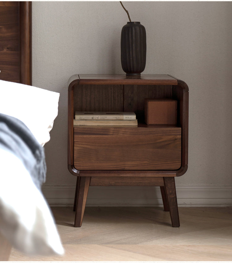 Premium Black Walnut & Ash Solid Wood Modern Nightstand - Stylish Bedside Table for Bedroom, Living Room, or Office