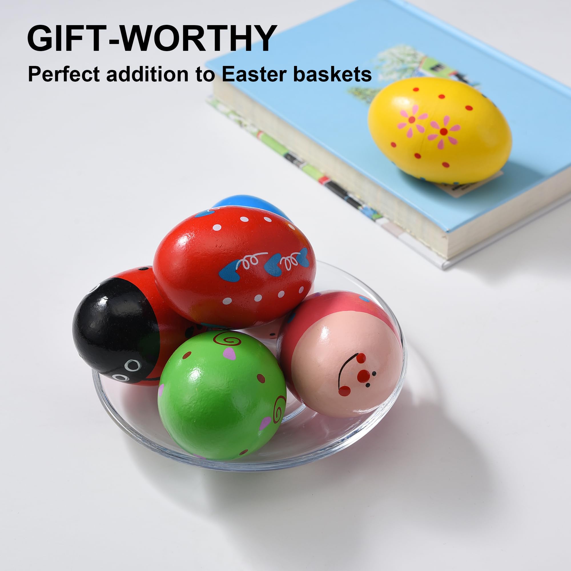 6 Pcs Wooden Easter Egg Shakers - Musical Percussion Instruments for Kids & Babies, Easter Basket Stuffers & Valentine's Day Gifts - Perfect for Easter Egg Hunts, Classroom Activities & Sensory Play