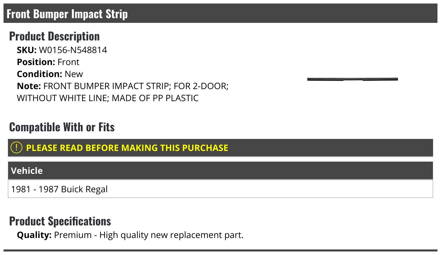 Buick Regal 2-Door Front Bumper Strip 1981-1987 - Impact Protection for Classic Cars