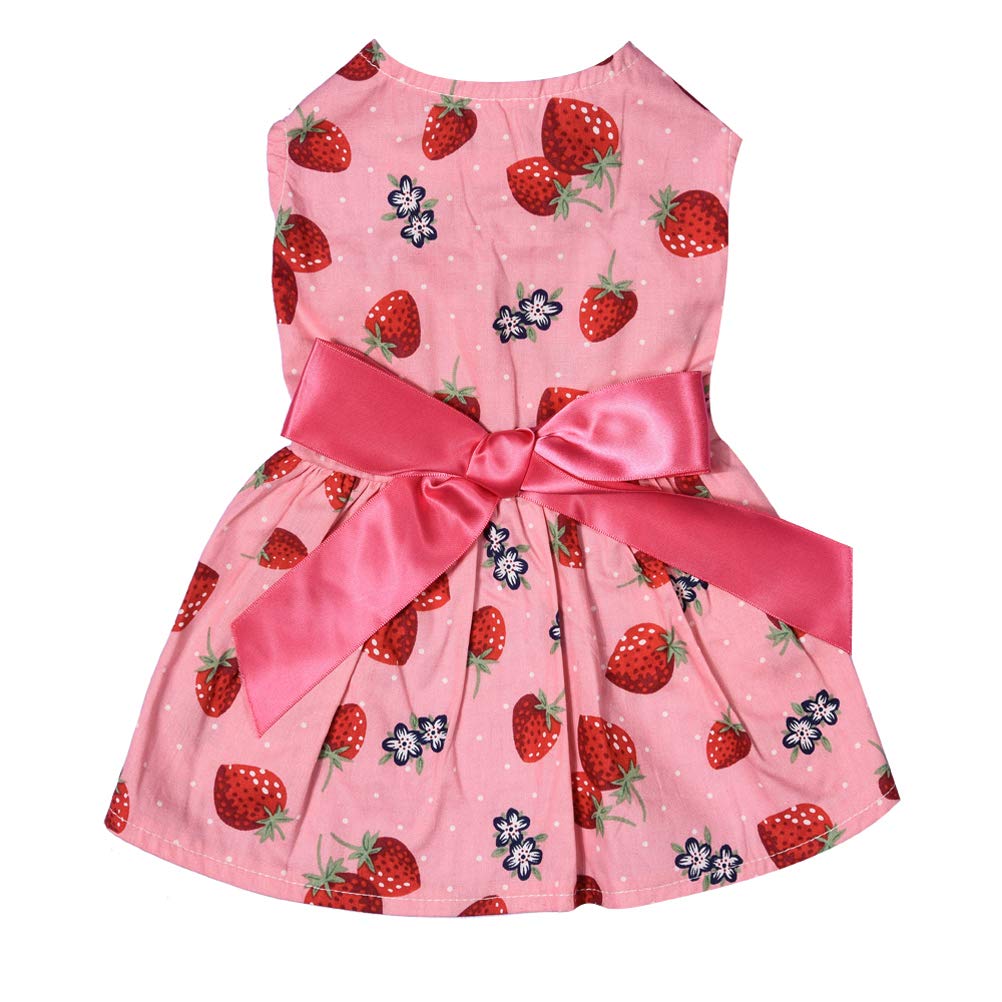 Stylish Summer Dog Dress for Puppies - Elegant Bowknot Sleeveless Skirt (Strawberry Print, Size S) | Perfect for Outdoor Walks, Pet Parties & Photo Shoots