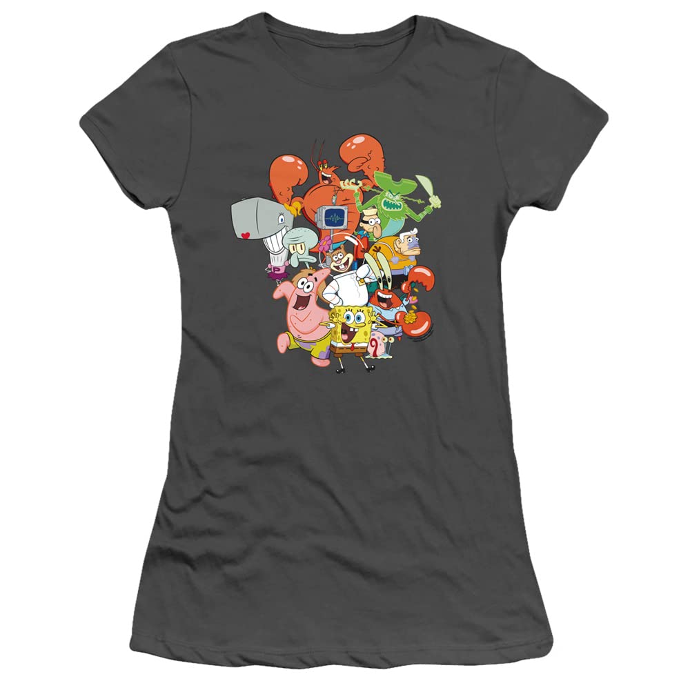 Spongebob The Whole Gang Juniors' Sheer Fitted T-Shirt - Cartoon Character Graphic Tee for Girls & Teens - Casual Wear, Birthday Gifts, Cosplay & Anime Outfits