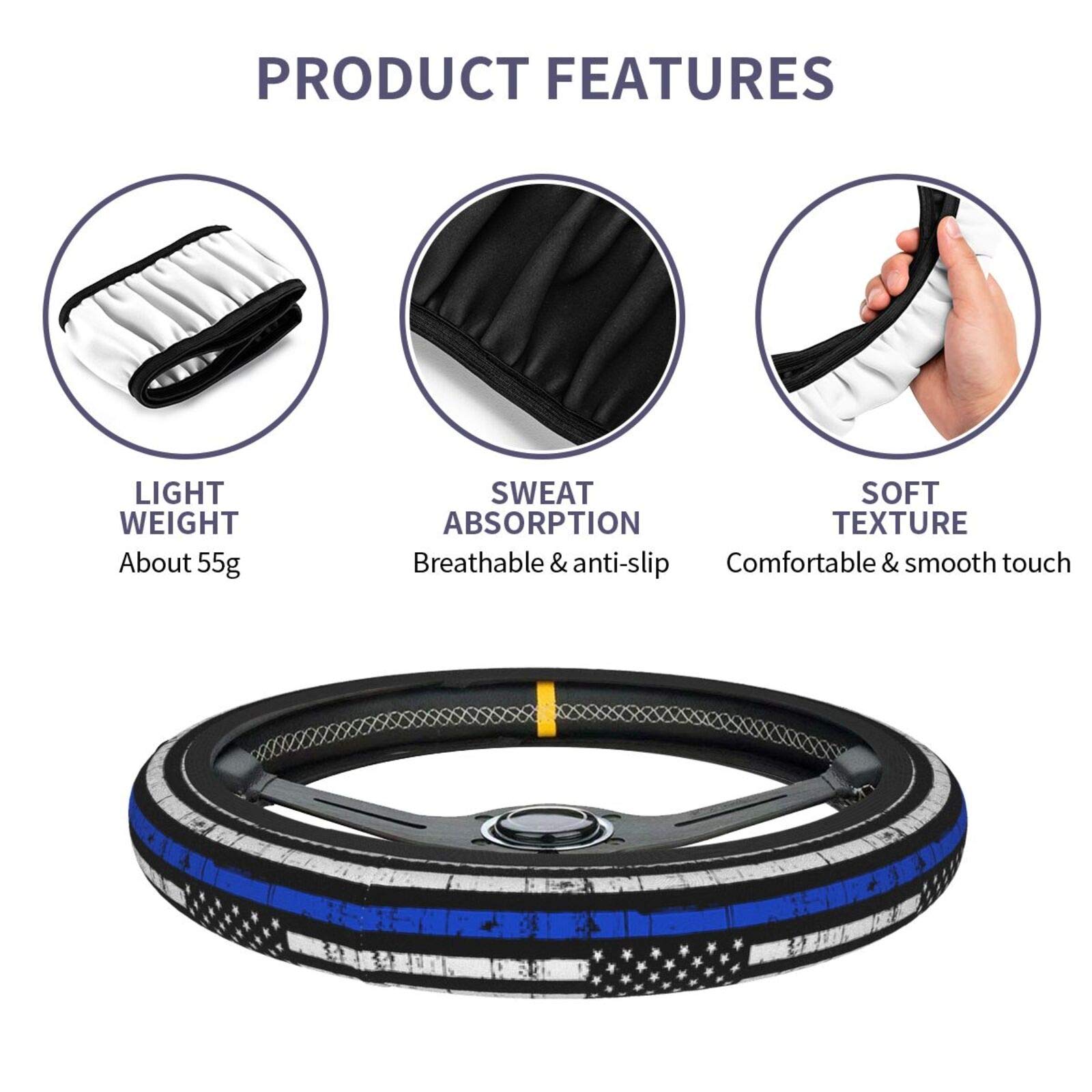 USA Police Stars Flag Car Steering Wheel Cover - Winter Warm Soft Elastic Universal 15 Inch - Car Accessories & Steering Wheel Protector for Men & Women - Perfect for Cold Weather Commuting & Police Car Enthusiasts
