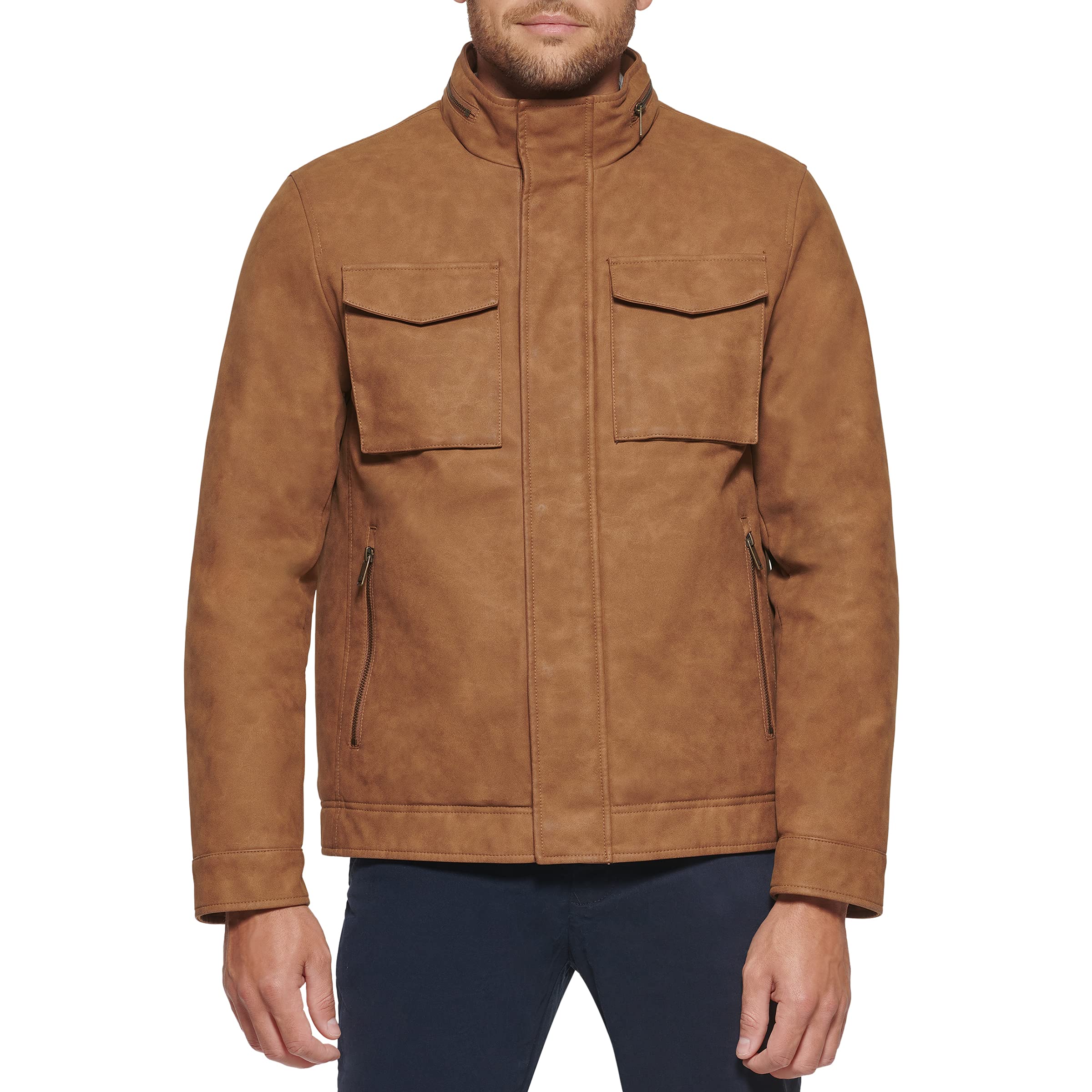 DOCKERS Men's Faux Leather Military Jacket - Stylish Waterproof Biker Jacket for Men | Perfect for Motorcycle Riding, Outdoor Adventures & Casual Wear