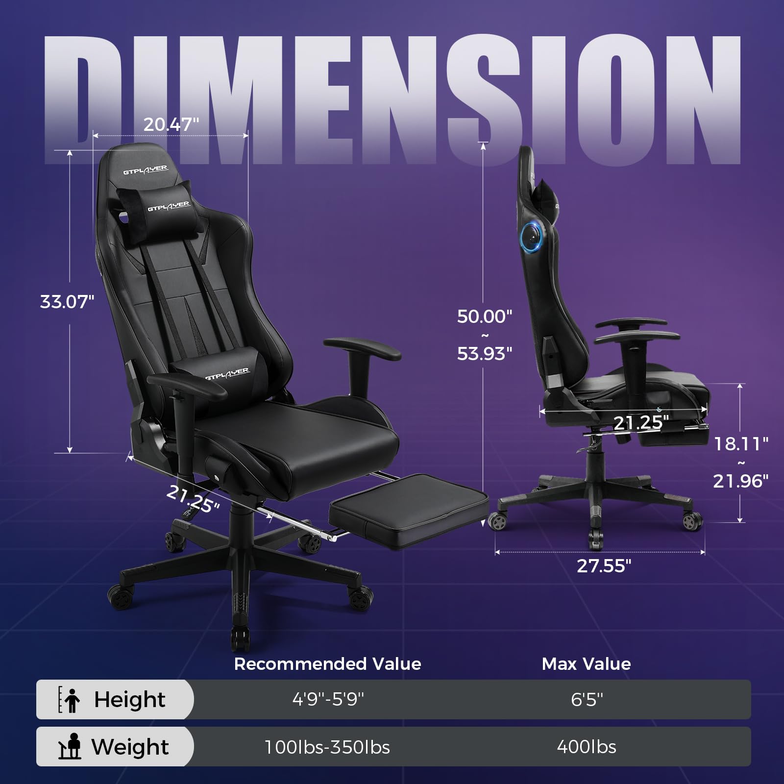 GTPLAYER Gaming Chair with Built-in Speakers - Ergonomic Recliner Chair for Adults & Kids, Adjustable Height Computer Gaming Chair with Footrest by GTRacing (Black) - Perfect for PC Gaming, Console Gaming & Home Office Setup