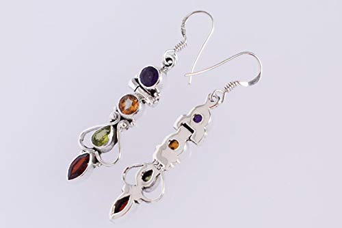 Natural Garnet Peridot Citrine & Iolite Gemstone 925 Sterling Silver Handmade Dangle Earrings for Women - Elegant Bohemian Jewelry Gift for Birthday, Wedding & Party (MultiColor)