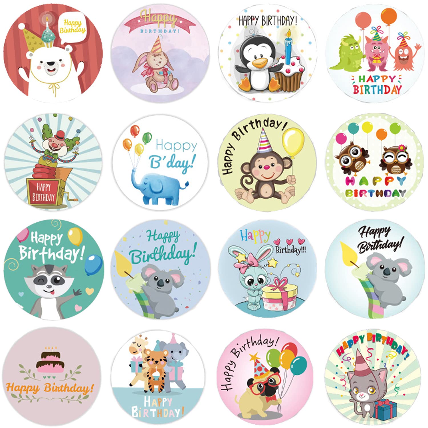 1000 PCS Happy Birthday Stickers for Kids - 16 Cute Animal Designs, 1 Inch Party Stickers for Children's Birthday Decorations, Gifts & Scrapbooking | Perfect for Birthday Parties, DIY Cards, School Projects & Gift Wrapping