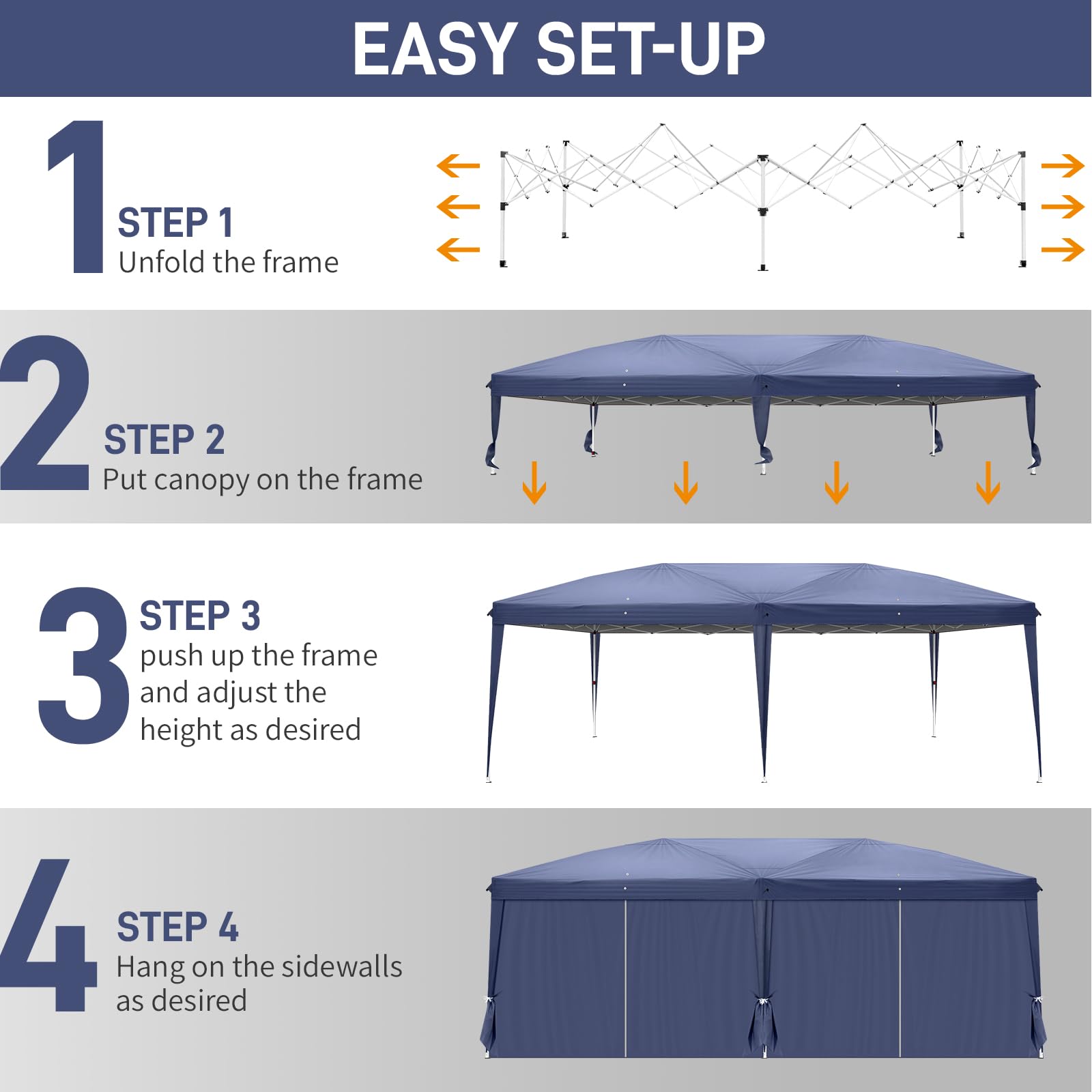 10' x 20' Pop Up Canopy Tent with Removable Sidewalls & Carry Bag - Instant Shelter with Zipper Door - Portable Easy Setup Commercial Canopy for Outdoor Parties, Backyard Events, Farmers Markets & Beach Use - Waterproof Blue Outdoor Tent
