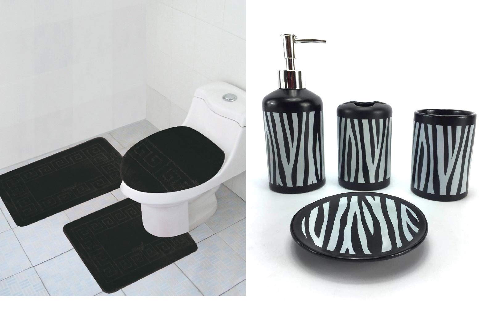 7-Piece Bathroom Accessory Set - Non-Slip Contour Mat, Ceramic Soap Dispenser & Toothbrush Holder - Banded Black Zebra Print - Complete Bath Rug Set for Modern Home Decor (Ideal for Guest Bathrooms & Master Suites)
