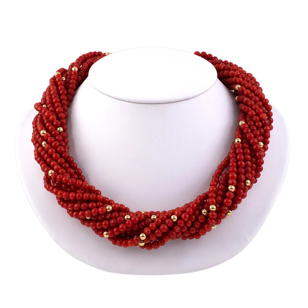 12 Strand Coral Torsade Necklace with Diamond Buckle Clasp - Elegant Beaded Jewelry for Women, Perfect for Weddings, Parties & Special Occasions