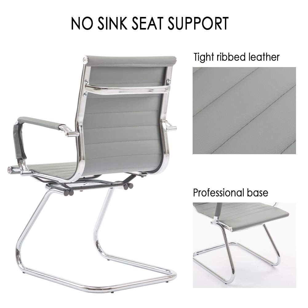 Premium Heavy Duty Office Chair - Ergonomic Leather Conference & Guest Chair with Lumbar Support - Set of 2 (Grey) - Ideal for Reception Areas, Meeting Rooms & Home Offices