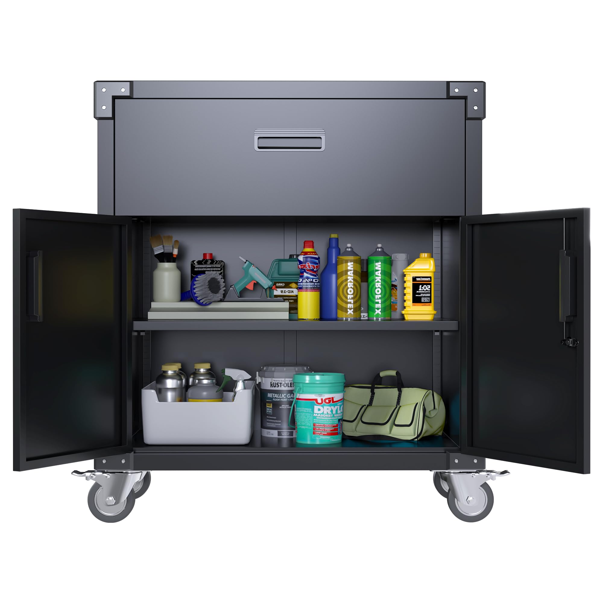Heavy-Duty Metal Garage Storage Cabinet with Wheels - 2 Doors & 1 Drawer Mobile Steel Utility Cabinet for Garage, Workshop, Home & Office Organization - Easy Assembly (Black) | Perfect for Tools, Cleaning Supplies & Home Storage Solutions