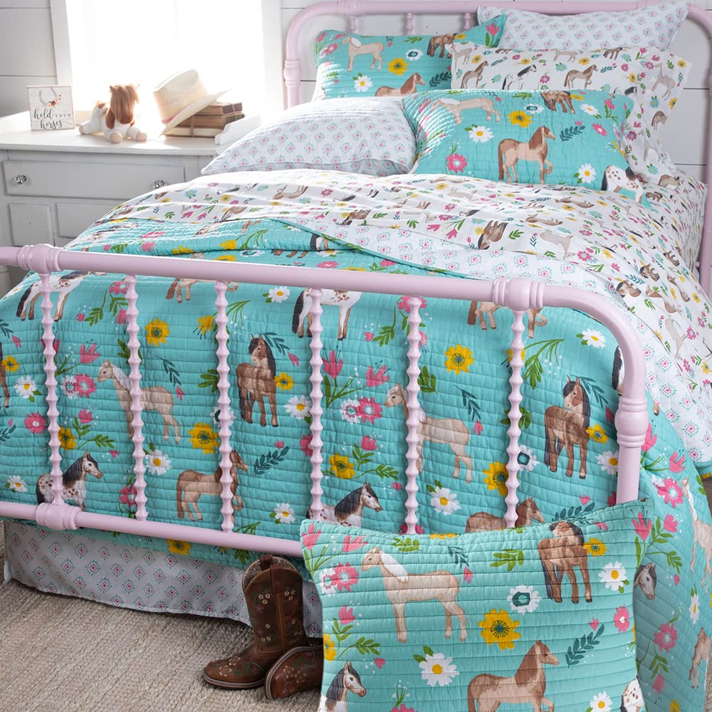 Rod's True Western Horse Girls Cotton Quilt - Pony Daisy Flower Design in Turquoise, Pink, Yellow, Brown, Tan, Green & White - Full/Queen Size (86x86 inches) - Perfect for Western-Themed Bedrooms, Guest Rooms, and Cowgirl Decor