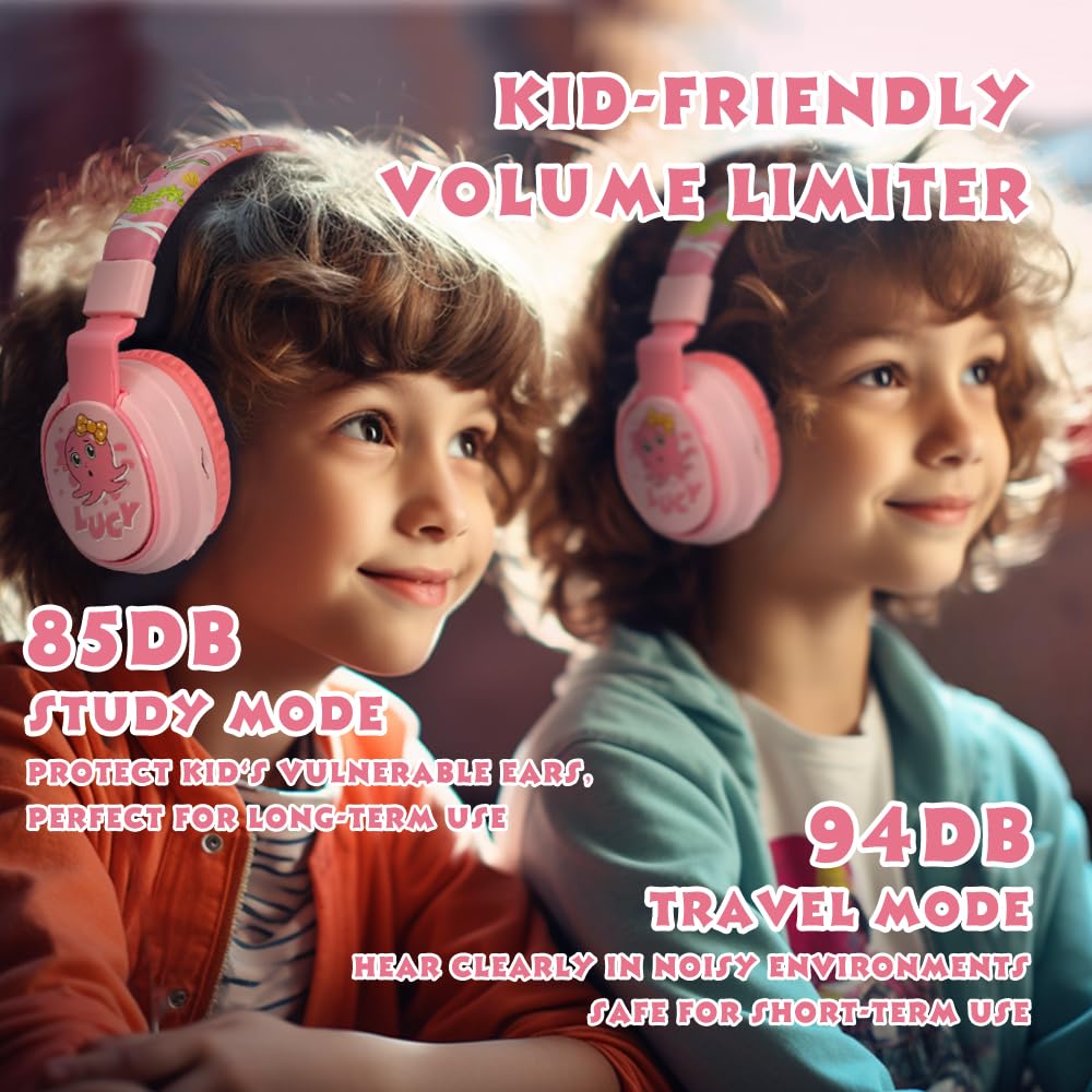 MIDOLA Kids Wireless Bluetooth Headphones with Volume Limit (85dB/110dB) - Foldable Over-Ear Headset with Mic & AUX Cord for Boys & Girls - Safe for School, Tablet, Phone, Travel & Home Use (Cartoon Pink)