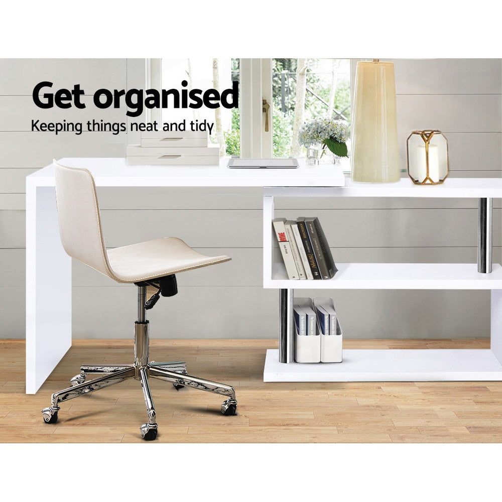Modern White Rotary Corner Desk with Bookshelf - Space-Saving Home Office Furniture for Small Rooms & Apartments