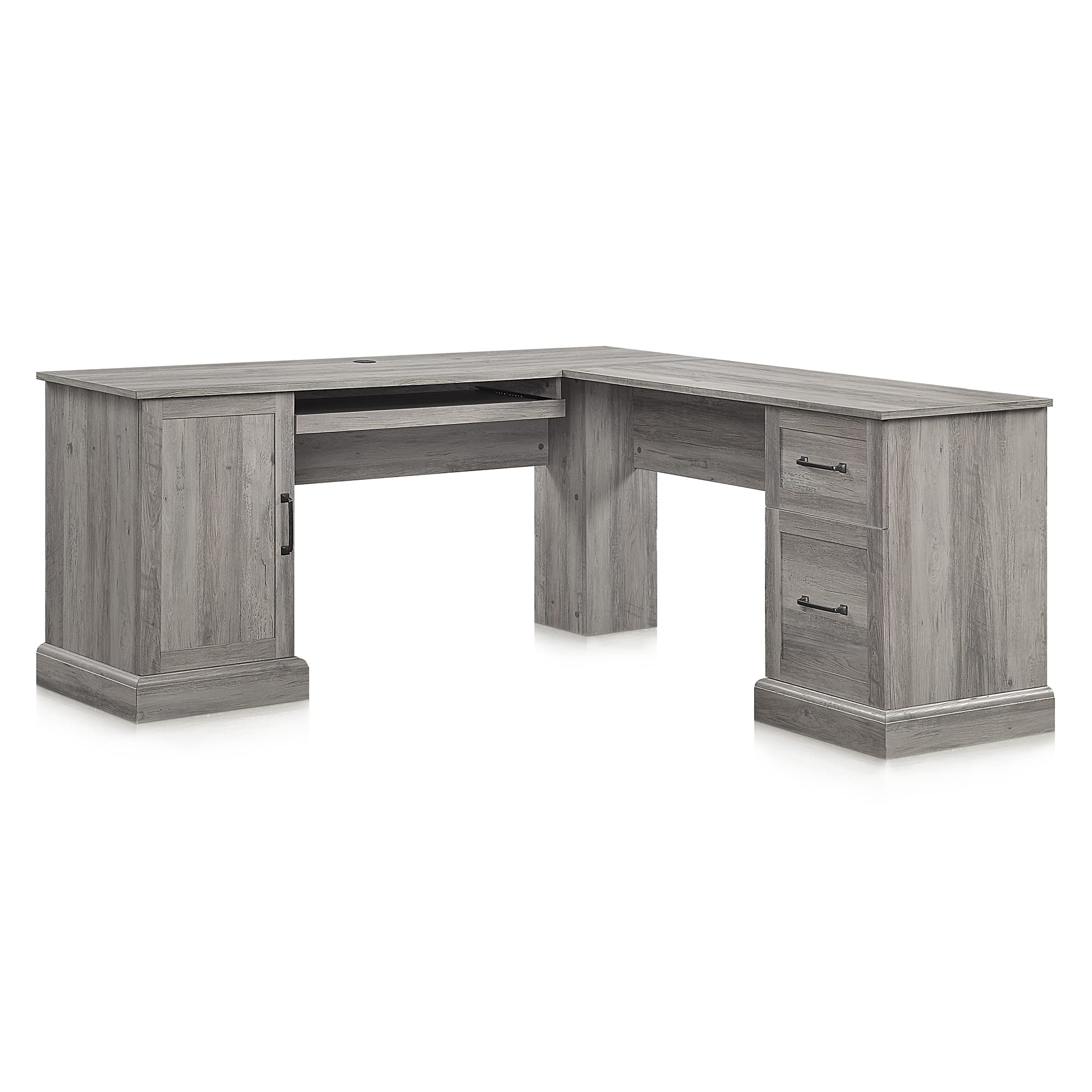 BELLEZE Modern L-Shaped Corner Desk for Home Office - Computer & Laptop Workstation with Keyboard Tray, 2 Drawers & Storage Cabinet - Gray Wash Finish | Perfect for Small Spaces, Gaming Setup & Remote Work