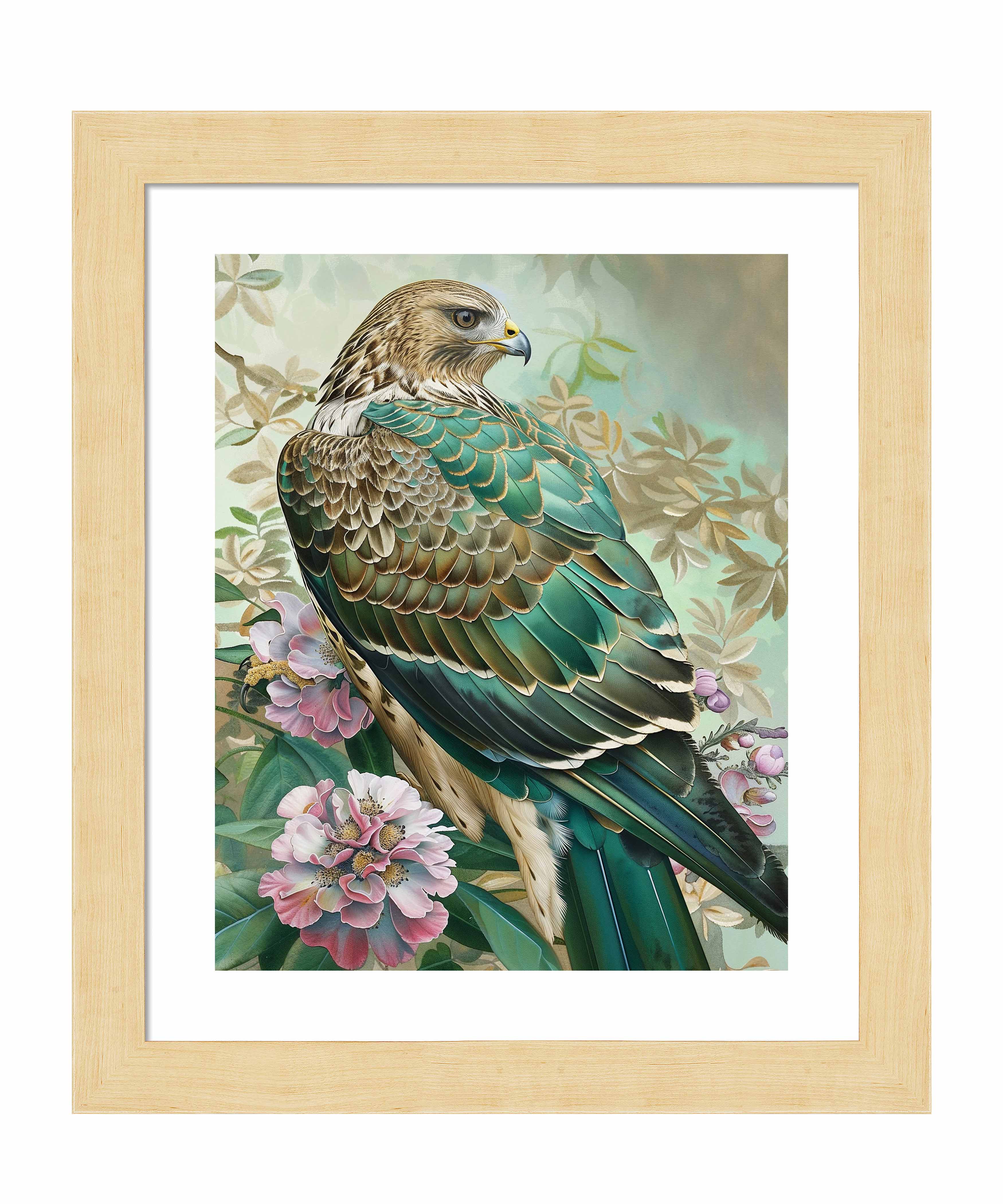 Emerald Majesty Hawk Amidst Blossoms Wall Art Print - Stunning Nature Wildlife Decor for Living Room, Bedroom & Office