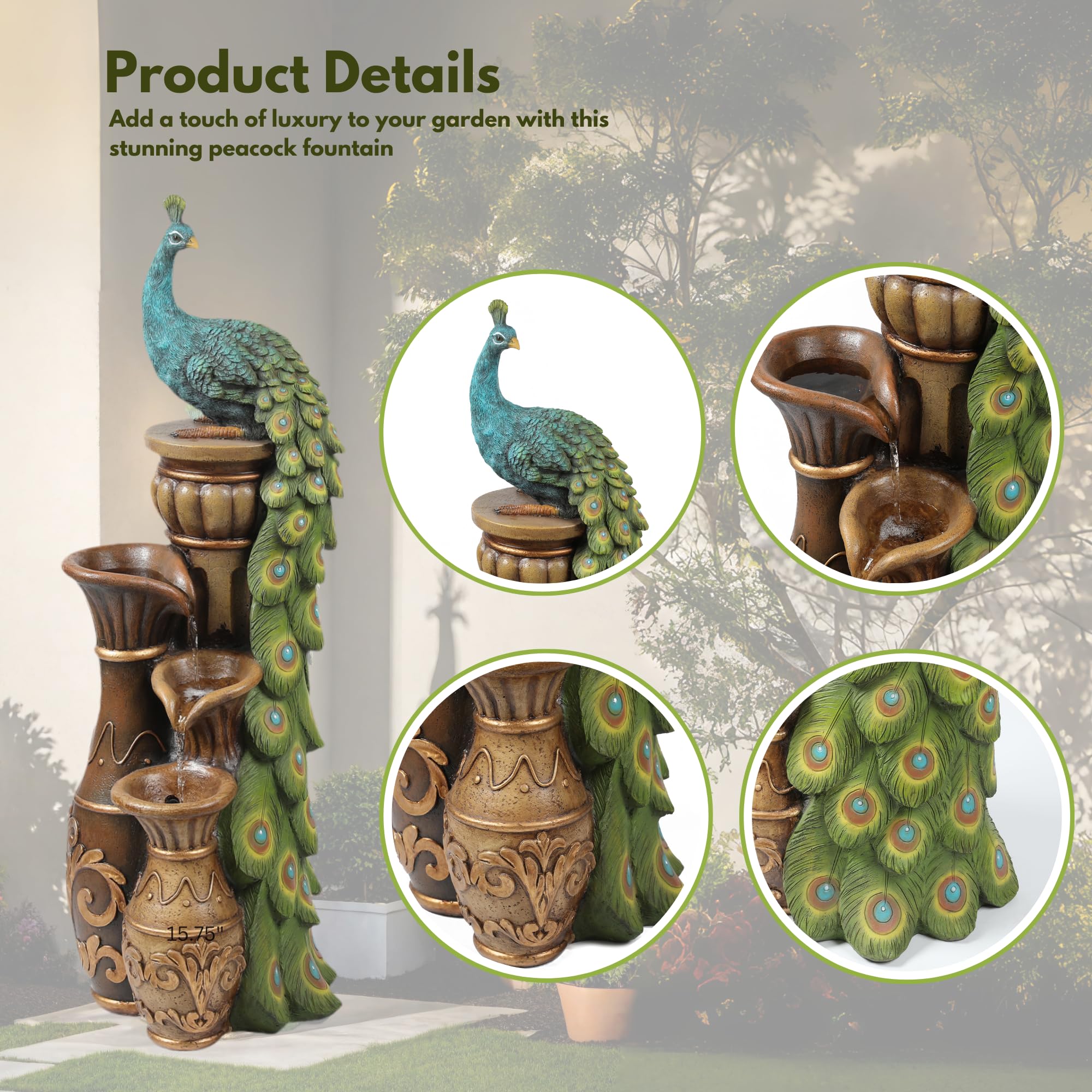 LuxenHome 44 Inch Resin Peacock Outdoor Water Fountain with Urns & LED Lights - Tall Garden Fountain, Patio Waterfall Decor in Brown/Teal - Perfect for Backyard, Lawn, and Outdoor Living Spaces