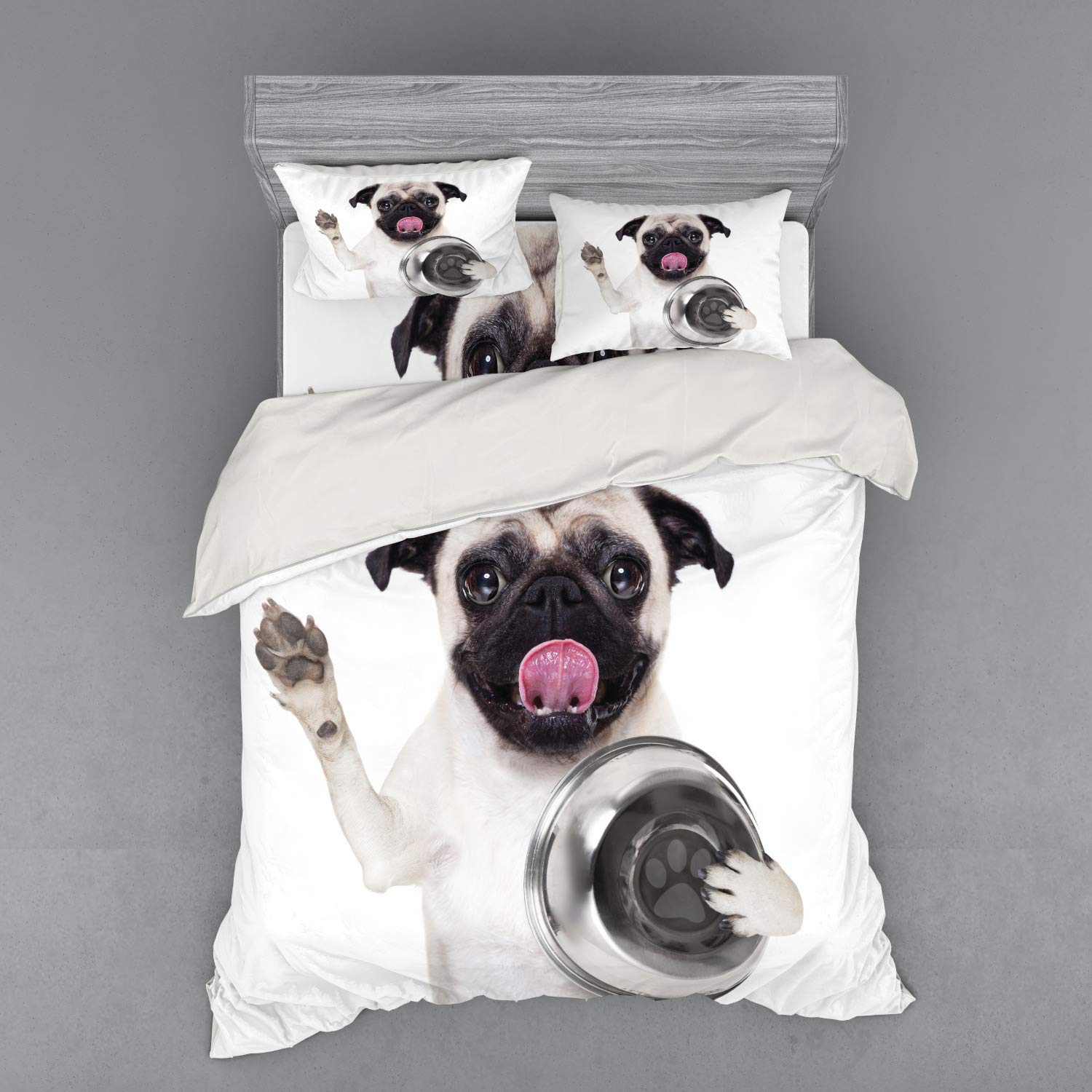 Ambesonne Pug Duvet Cover Set - 4 Piece Queen Size Bedding with Shams & Fitted Sheet, Cream Grey Black Pug Dog Print - Cute Pet Lover Home Decor for Bedroom, Dorm, Guest Room