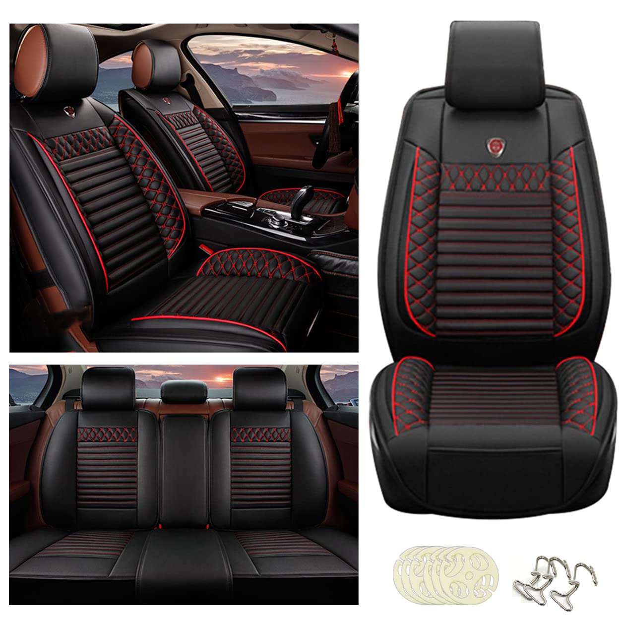 Rasiarpio 5-Seat Car Seat Covers for Ford Fusion Energi 2013-2020 - Full Set Faux Leather Front & Rear Seat Protectors, Waterproof & Easy Fit (Black-Red) | Perfect for Daily Commute, Road Trips & Family Protection