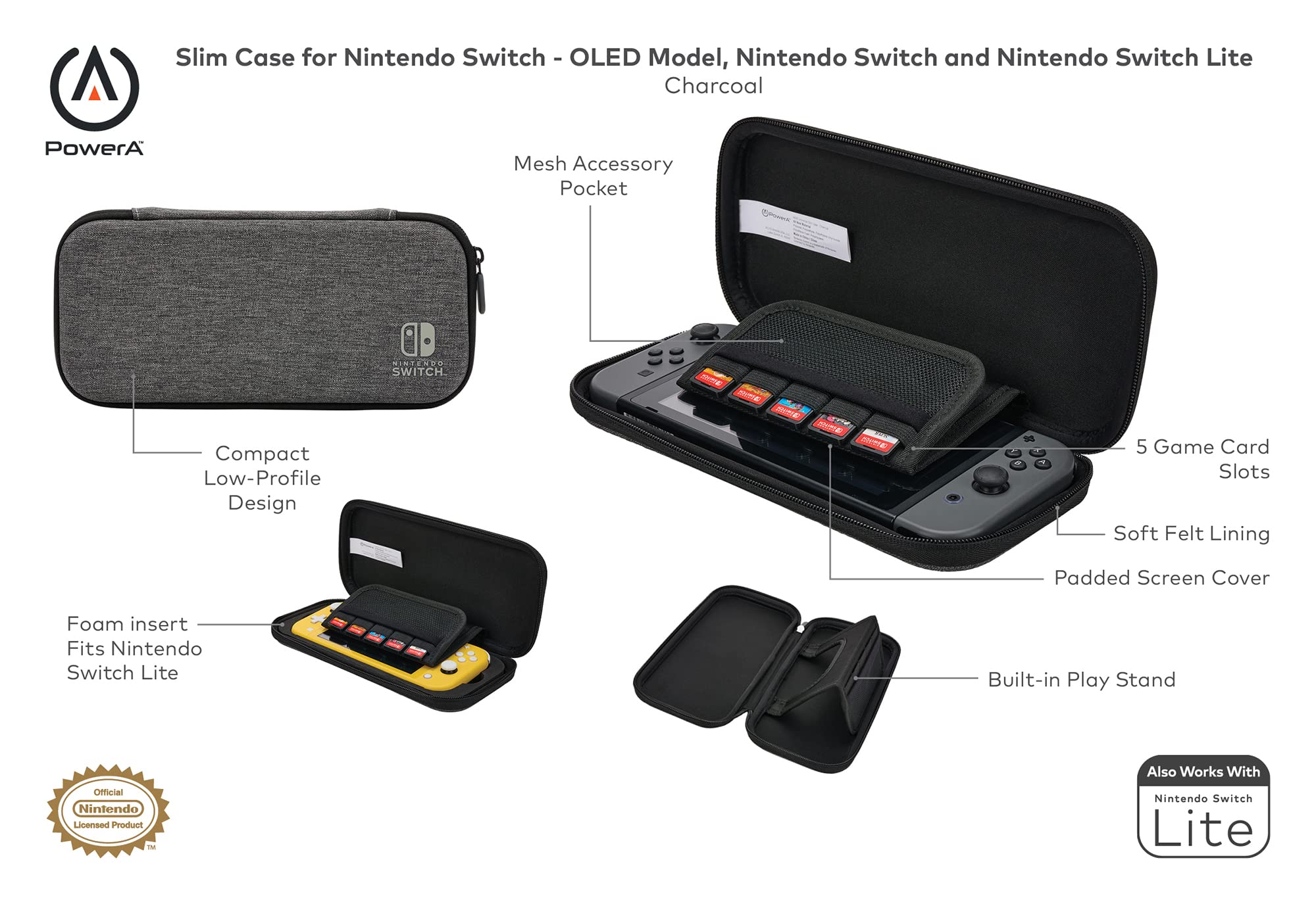 PowerA Slim Protective Case for Nintendo Switch OLED, Switch & Switch Lite - Charcoal | Officially Licensed Gaming Console Cover with Storage | Perfect for Travel, Home & On-the-Go Gaming Accessories