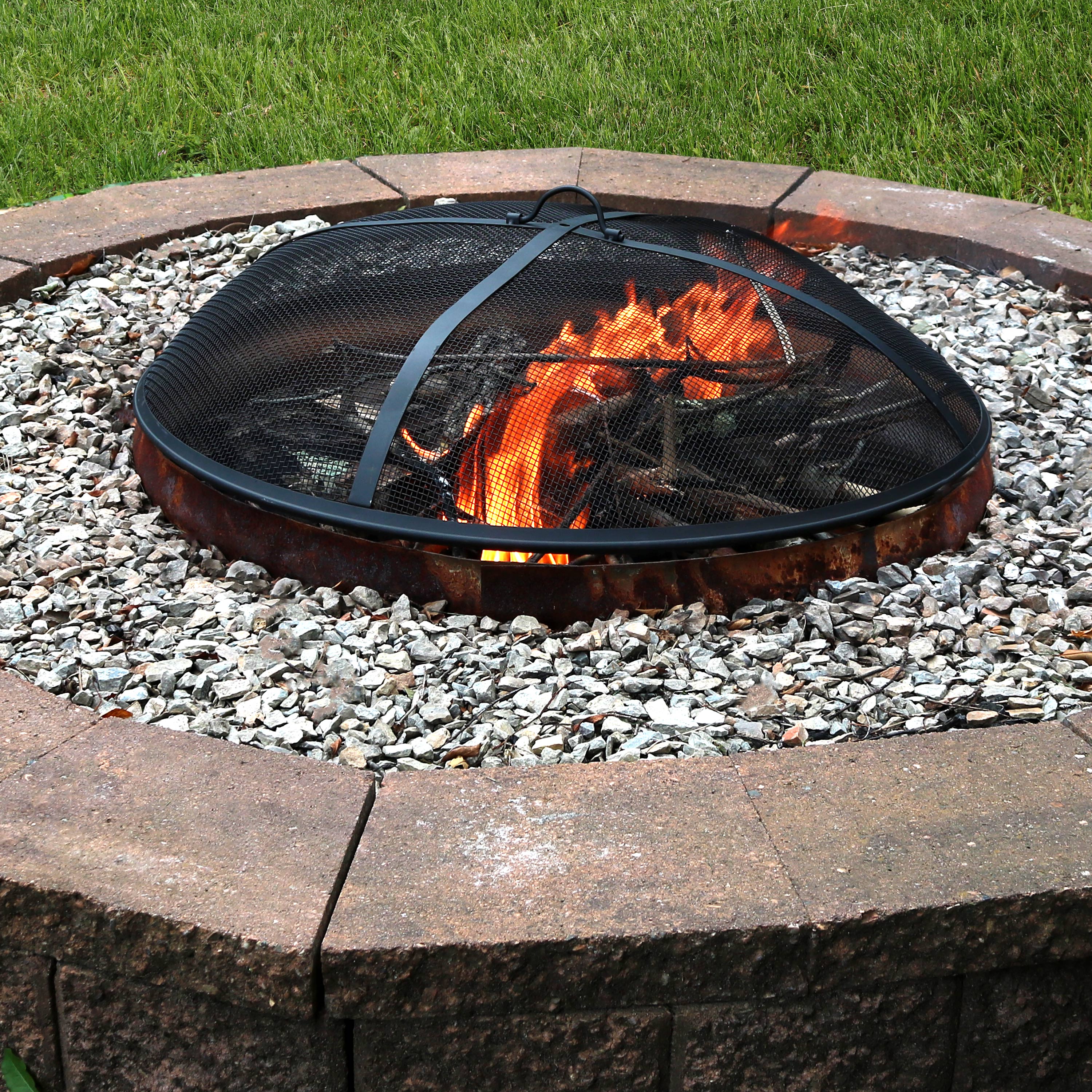 Heavy Duty Steel Round Fire Pit with Spark Screen - Outdoor Fire Pit for Camping, Backyard, and Patio Use - Durable & Rust-Resistant