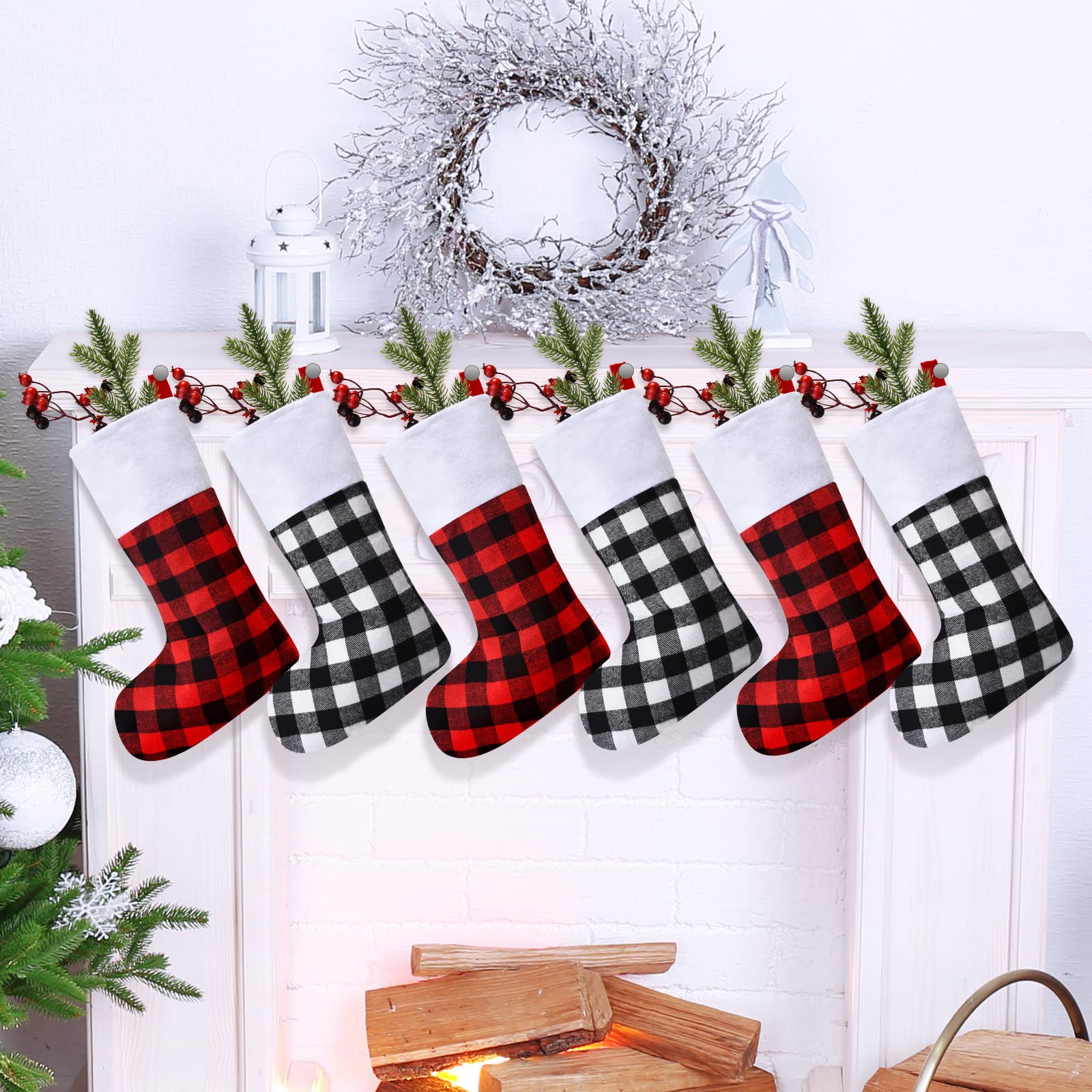 Skylety 6-Pack 15 Inch Buffalo Plaid Christmas Stockings - Classic Red Black & Black White Fireplace Hanging Stockings for Family, Farmhouse Xmas Party Decorations | Perfect for Holiday Mantel Decor, Gift Exchange & Festive Home Decor