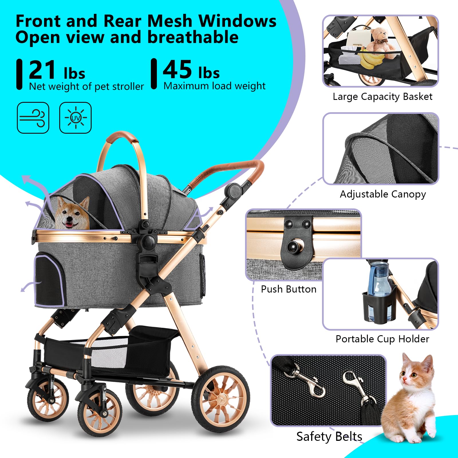 Foldable Lightweight Pet Stroller for Small & Medium Dogs - Portable Dog Carrier with Detachable Storage Basket (Gray) - Perfect for Walks, Travel & Outdoor Adventures
