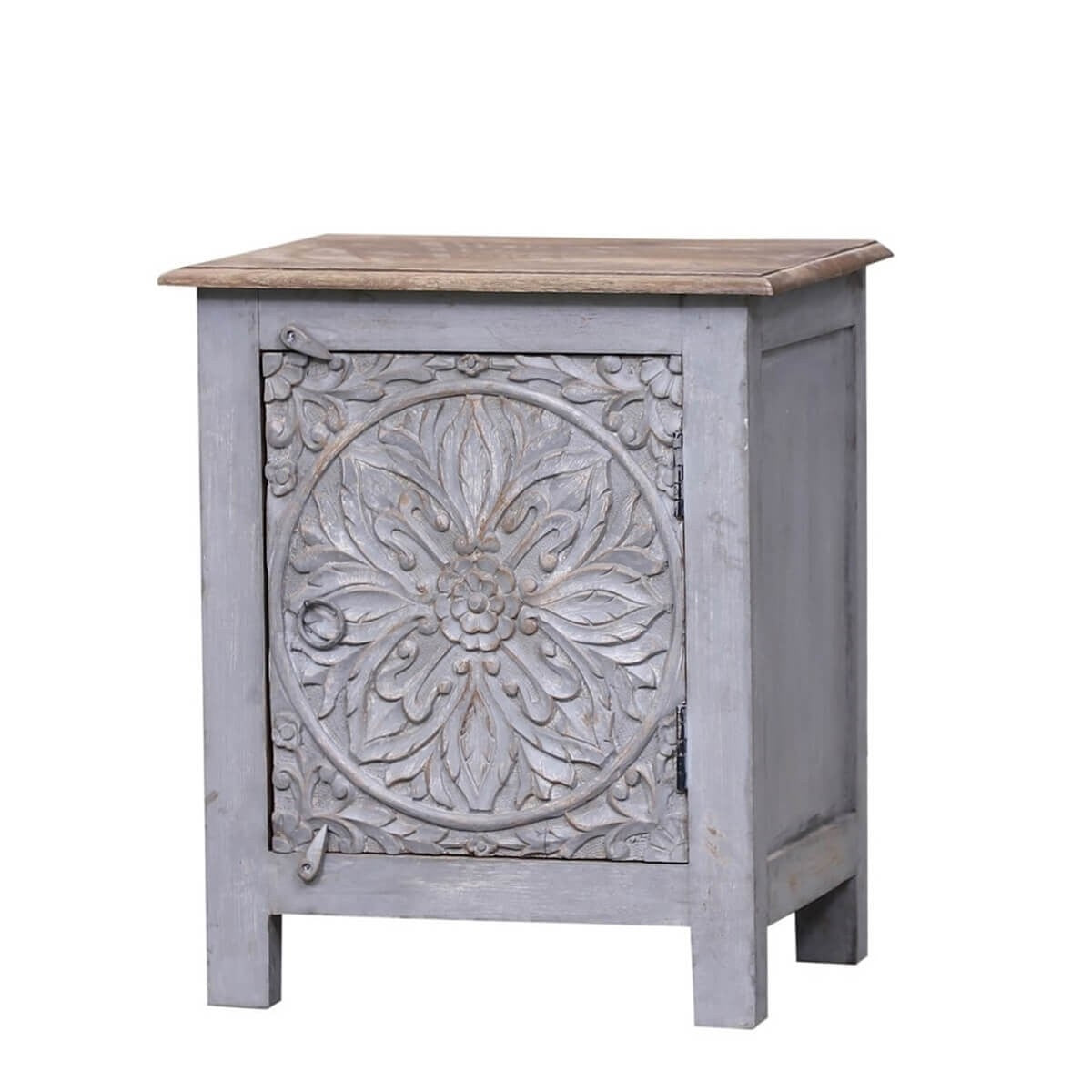 Hand Carved Reclaimed Wood Side Table with Lamp - Rustic Indian Decor for Living Room, Bedroom, or Office