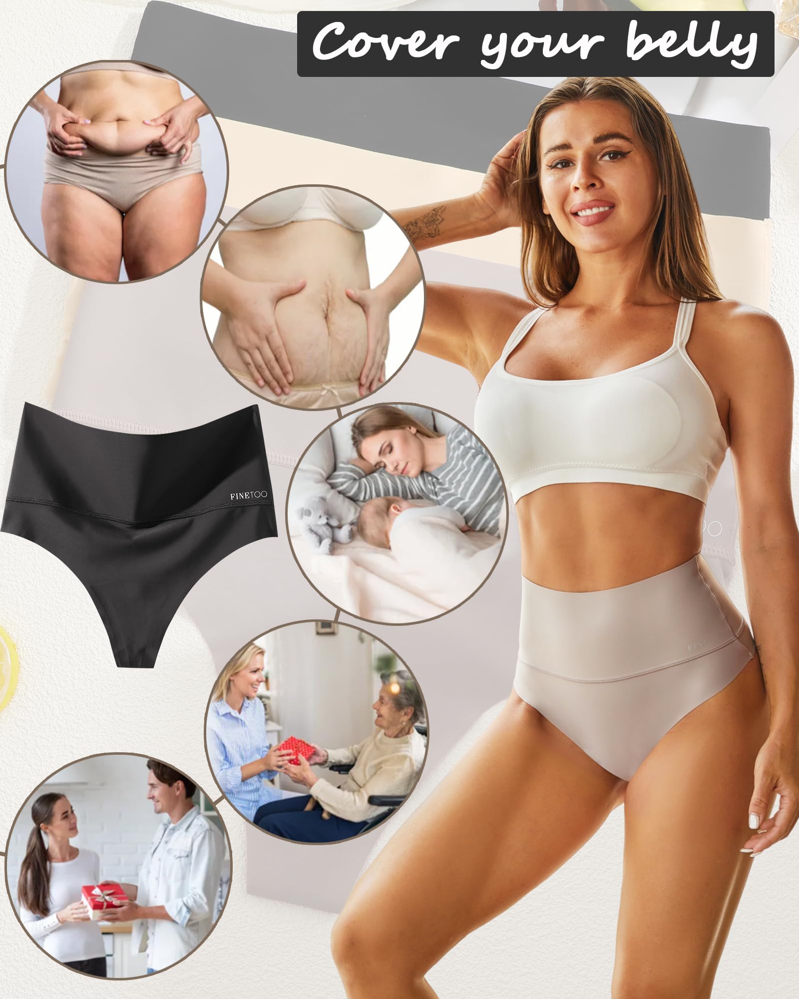 FINETOO Women's High Waisted Thong Underwear - Tummy Control Seamless Shapewear Panties No Show Comfort 4 Pack (S-3XL) for Everyday Wear, Workout & Special Occasions