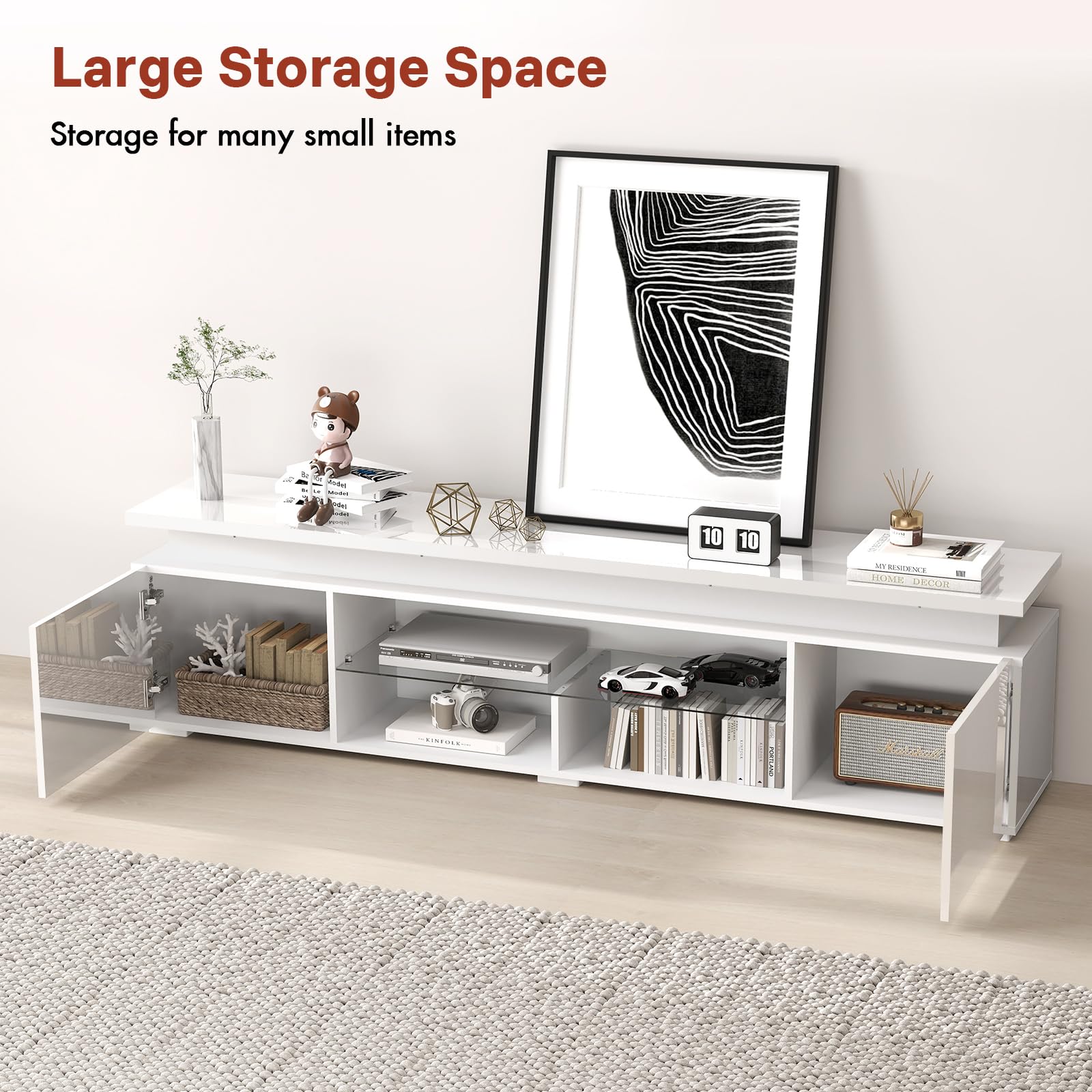 Modern White TV Stand with Light for 75-85 Inch TVs - Entertainment Center with Storage Cabinet & Open Glass Shelves - 2 AC Outlets - Perfect for Living Room & Bedroom - Stylish Media Console for Home Theater Setup & Family Entertainment