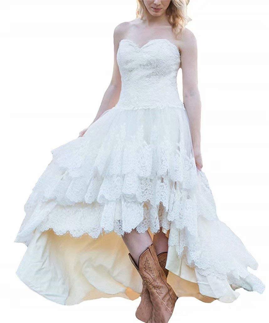 Elegant Plus Size Women's High Low Sweetheart Lace Wedding Dress with Tulle Skirt - Country Bridal Gowns for Beach, Garden & Outdoor Ceremonies