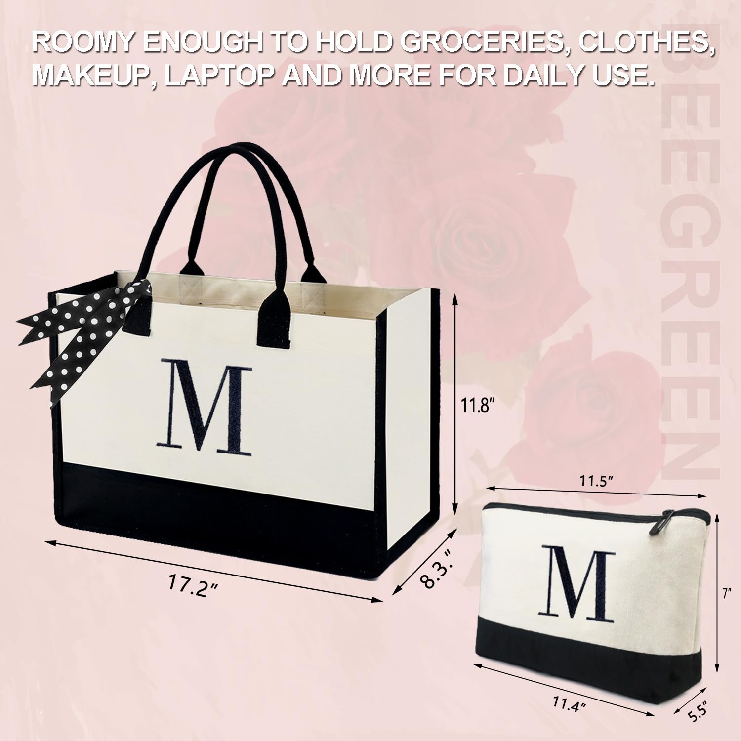 Eco-Friendly BeeGreen Canvas Tote Bag with Free Makeup Pouch - Perfect for Grocery Shopping, Beach Trips & Daily Commute