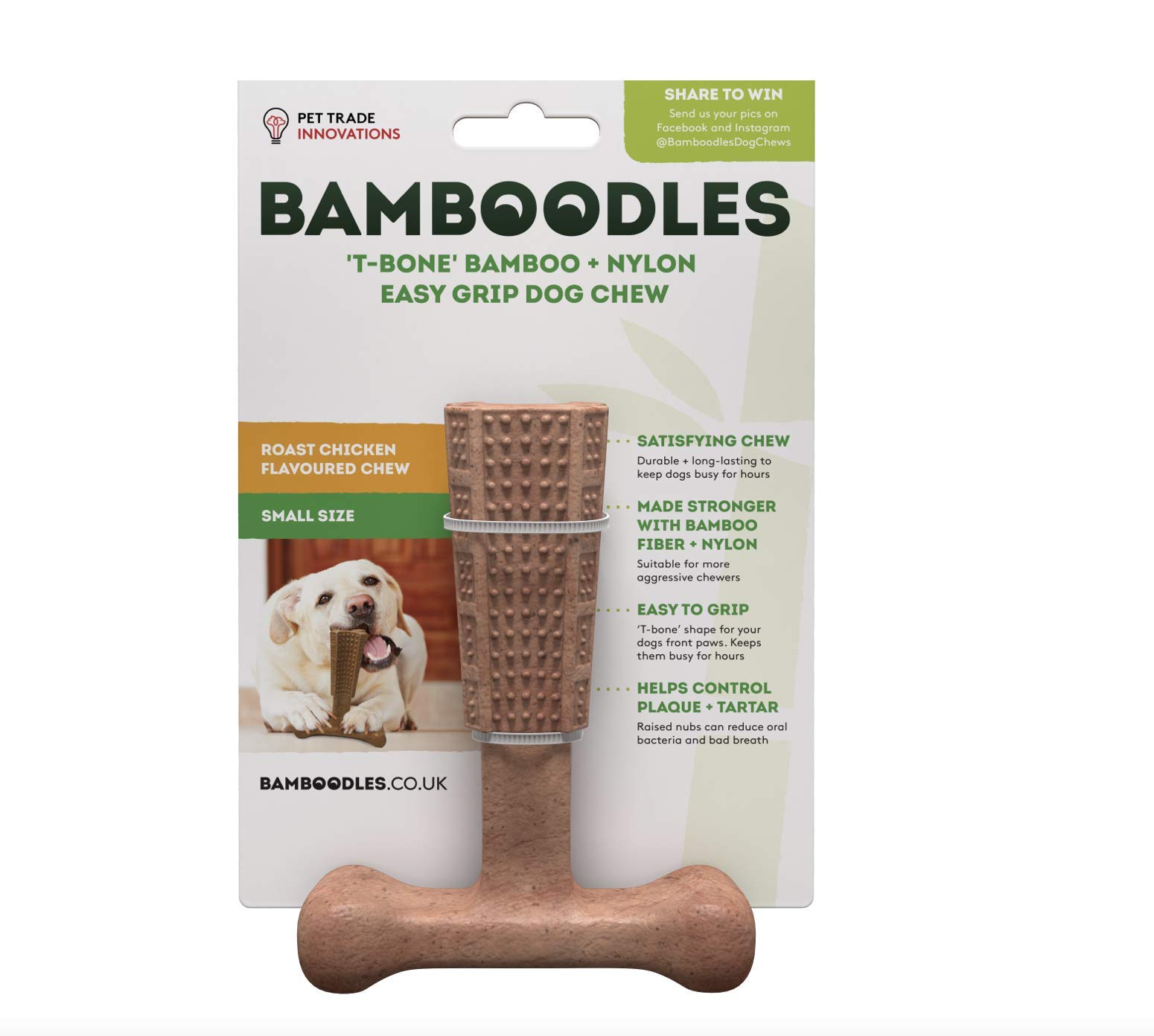 Bamboodles T-Bone Dog Chew - Natural Long-Lasting Dental Treat for Aggressive Chewers - Small Chicken Flavor - Perfect for Teething Puppies & Strong Chewers - Promotes Dental Health & Reduces Anxiety