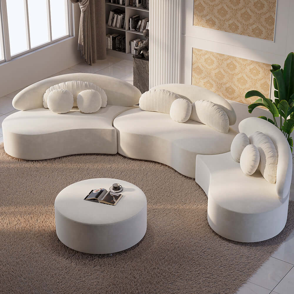 Modern 7-Seat Round Sectional Sofa with Ottoman & Pillows - Beige Velvet Upholstered Living Room Furniture for Family Gatherings and Home Entertainment