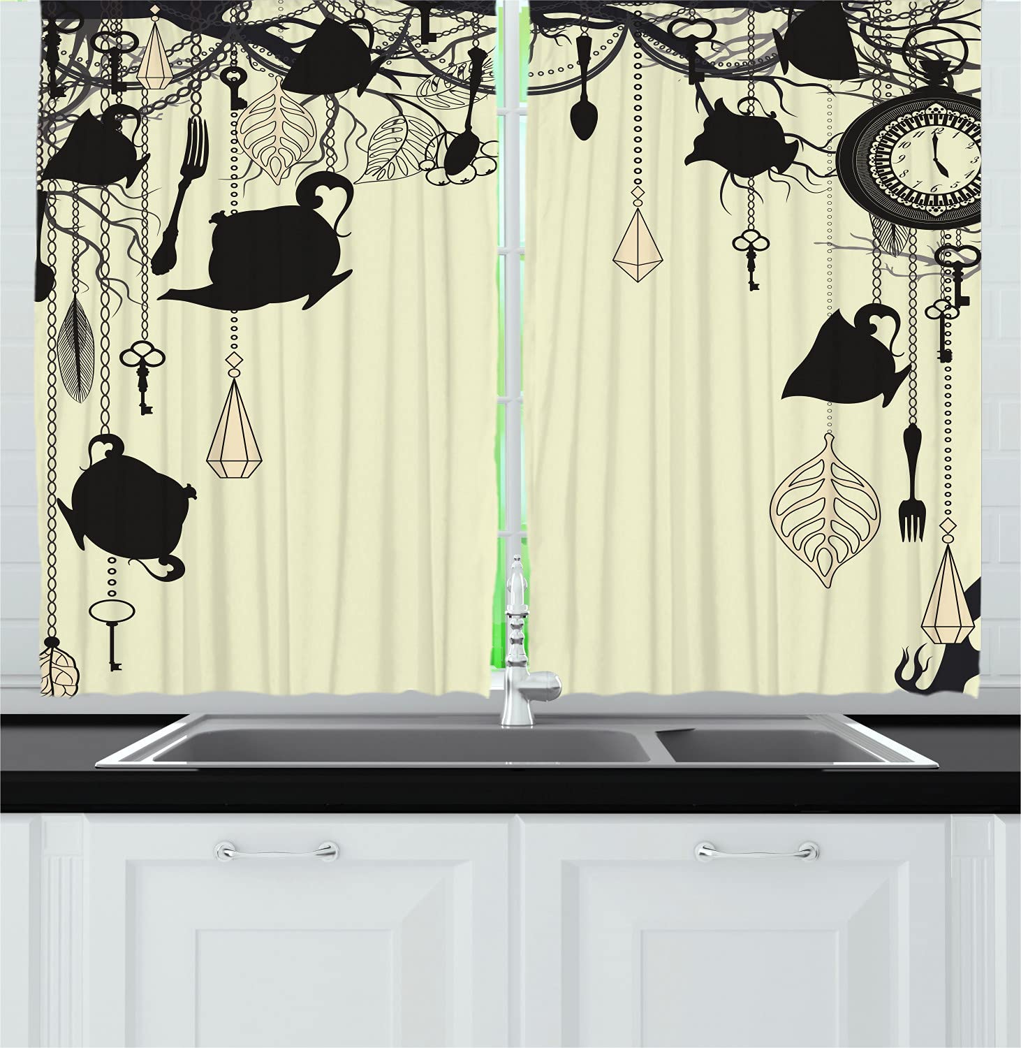 Ambesonne Vintage Tea Party Kitchen Curtains - Antique Diamond Forks Spoons Cups Leaves Tree Branch Design, 55