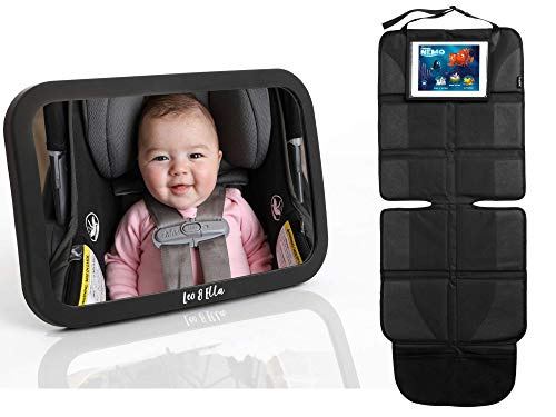 Leo and Ella Baby Car Mirror - Crash Tested, XL Size with Thick Padding & Waterproof Fabric - Safe Rear-Facing Car Seat Protector for Infants | Perfect for Road Trips and Daily Commutes