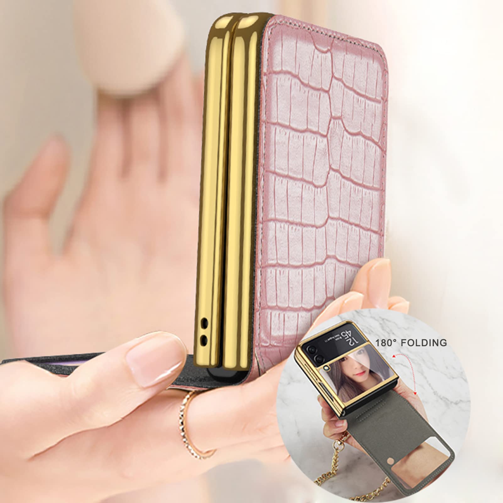 Slim Gold-Plated Chain Strap Crocodile Texture Case for Samsung Galaxy Z Flip 3 5G - Ultra Thin Protective Cover with Shoulder Strap for Women, Fashion Accessory for Daily Use & Night Out