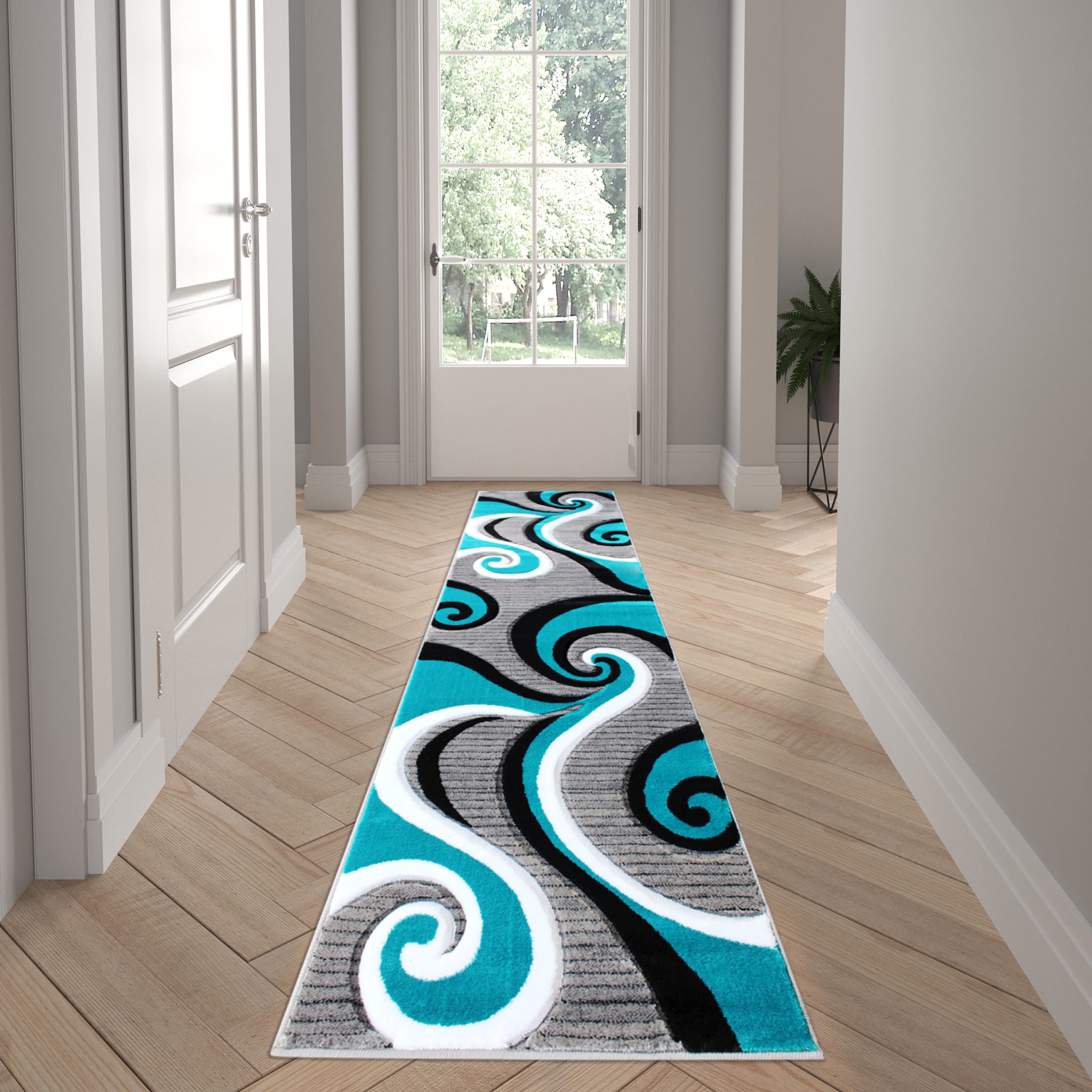 Emma & Oliver Modern 3D Sculpted Swirl Accent Rug - 2'x7' Turquoise, Black, White & Gray Textured Piling - Perfect for Living Room, Bedroom or Office Decor