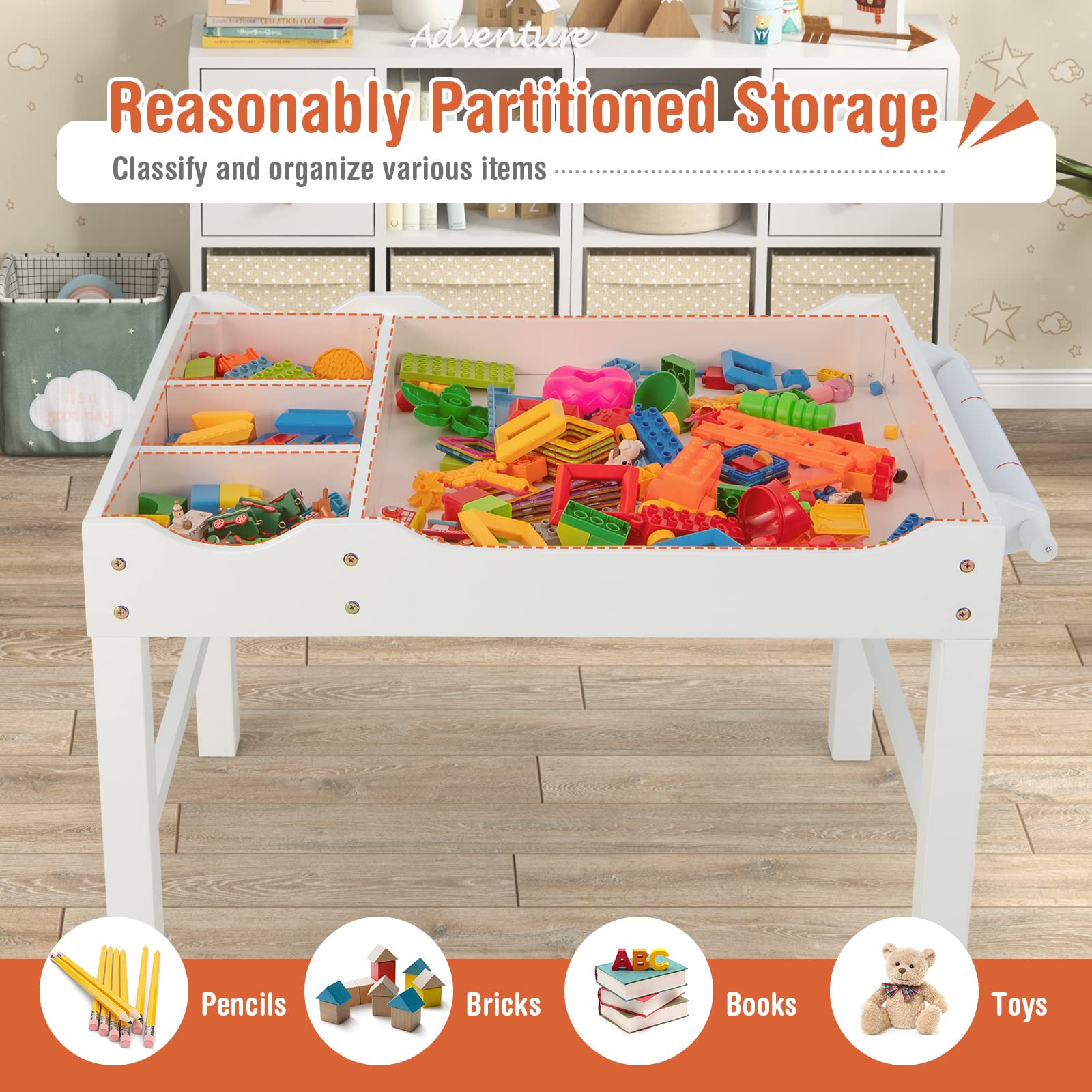Costzon Kids Activity Table - 3-in-1 Wooden Building Block Desk with Storage, Paper Roll & Reversible Top for Toddlers | Arts & Crafts, Drawing, Reading & Play | Perfect Gift for Boys & Girls (White) - Ideal for Preschool Learning, Creative Play & Home Classroom Activities