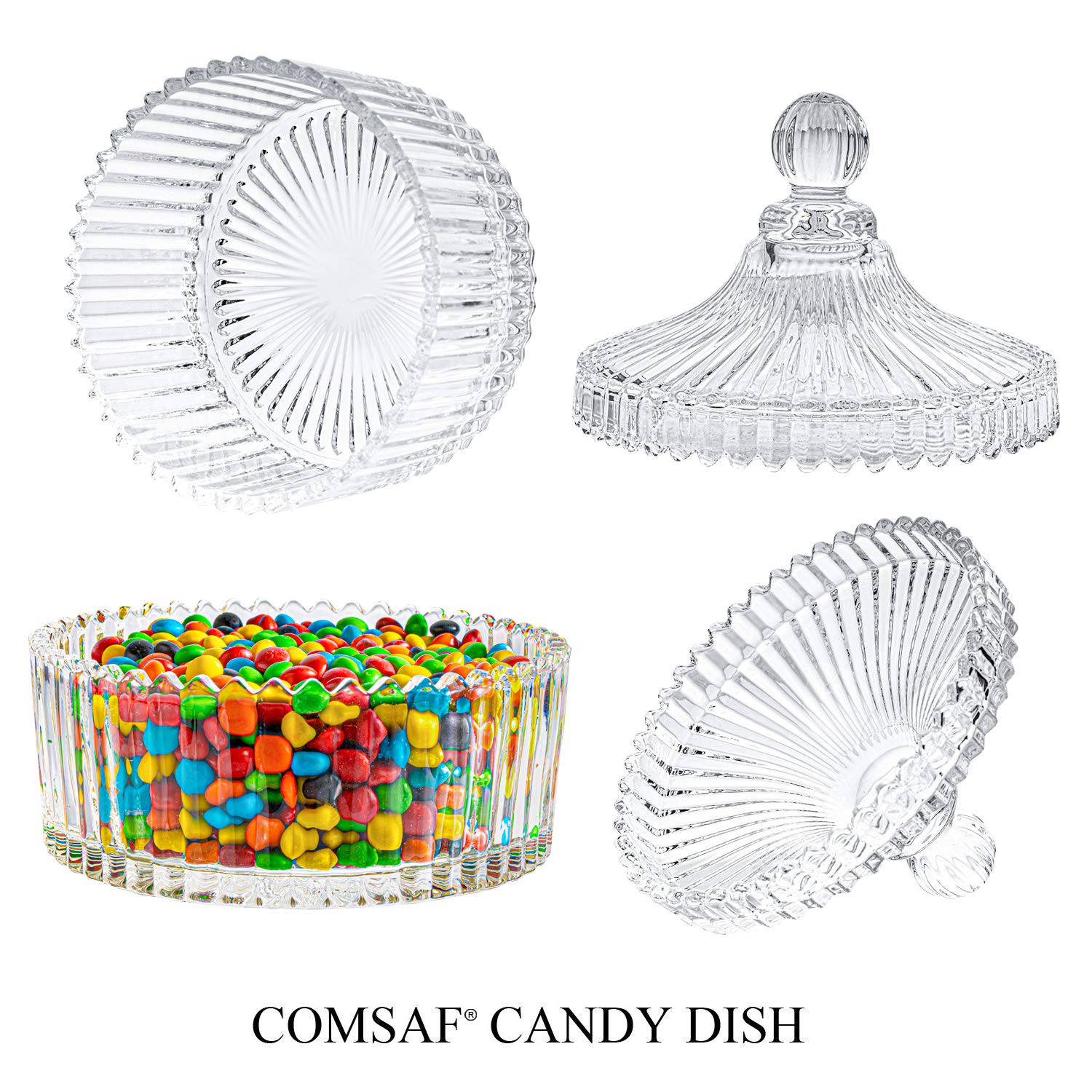 ComSaf 14OZ Glass Candy Jar with Lid - Decorative Covered Candy Dish for Office Desk, Wedding Party Buffet Decor & Jewelry Storage | Perfect for Christmas Gifts, Home Decor & Candy Display