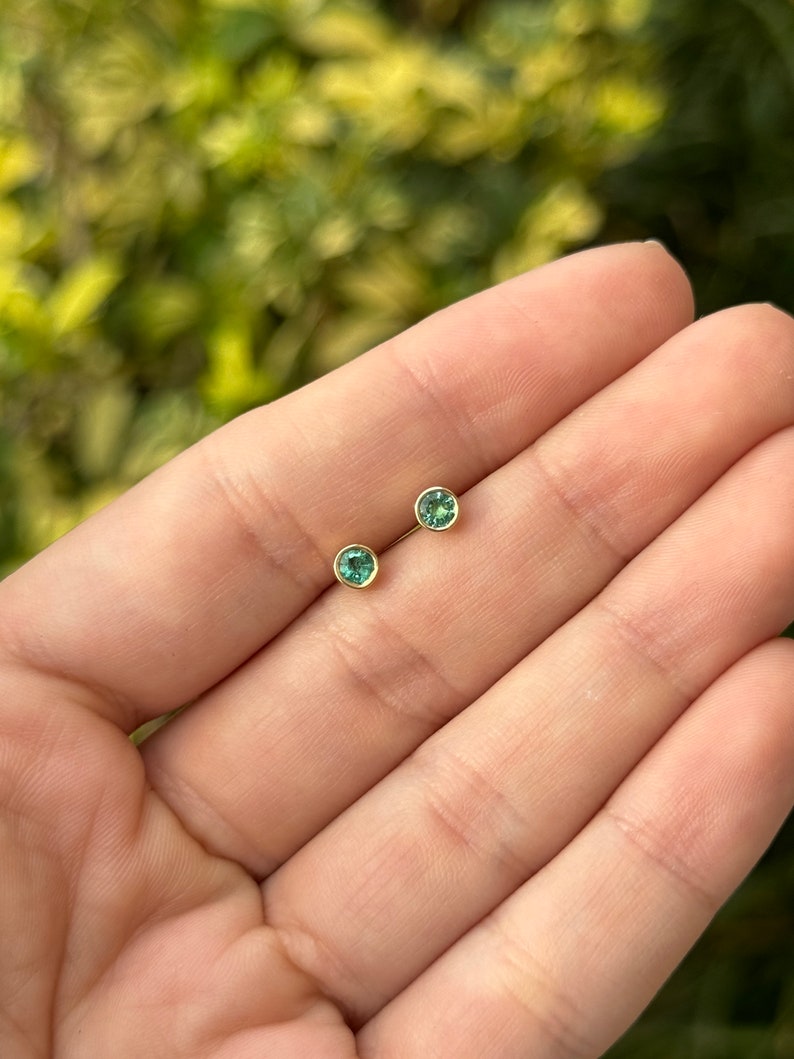 0.50tcw 14K Natural Lush Medium Green Round Cut Bezel Set 3.70mm Gold Baby Emerald Stud Earrings for Women - Perfect for Everyday Wear, Gift Giving & Special Occasions