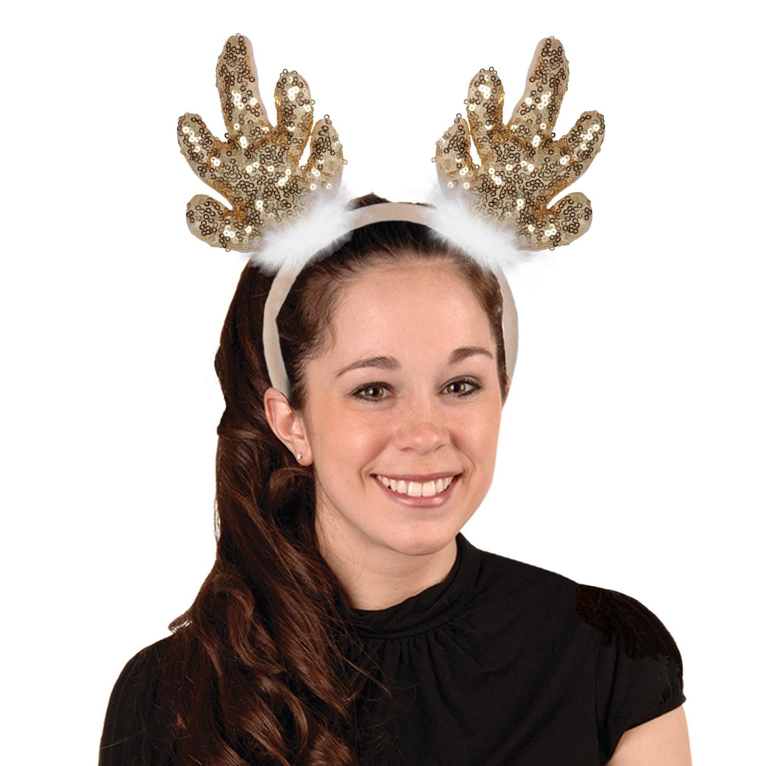 12 Pack Beistle Christmas Sequined Reindeer Antlers Headbands - Festive Holiday Party Accessories for Women, Kids, Christmas Tree Decorations & Office Celebrations