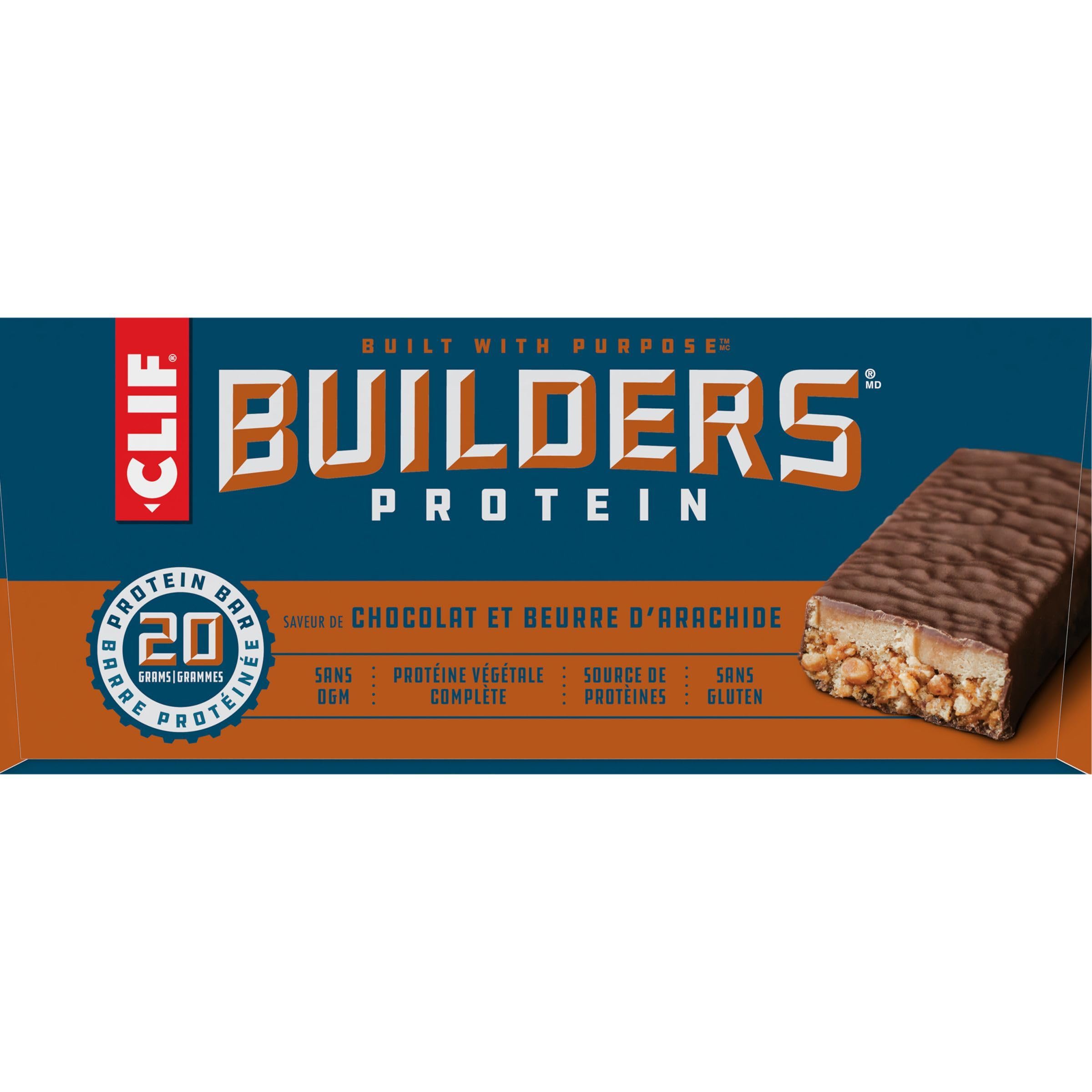 CLIF BUILDERS Protein Bars - Chocolate Peanut Butter Flavor, 20g Protein, Gluten Free, No Artificial Sweeteners, 68g (12 Pack) | High Protein Snack for Gym, Hiking & Post-Workout Recovery